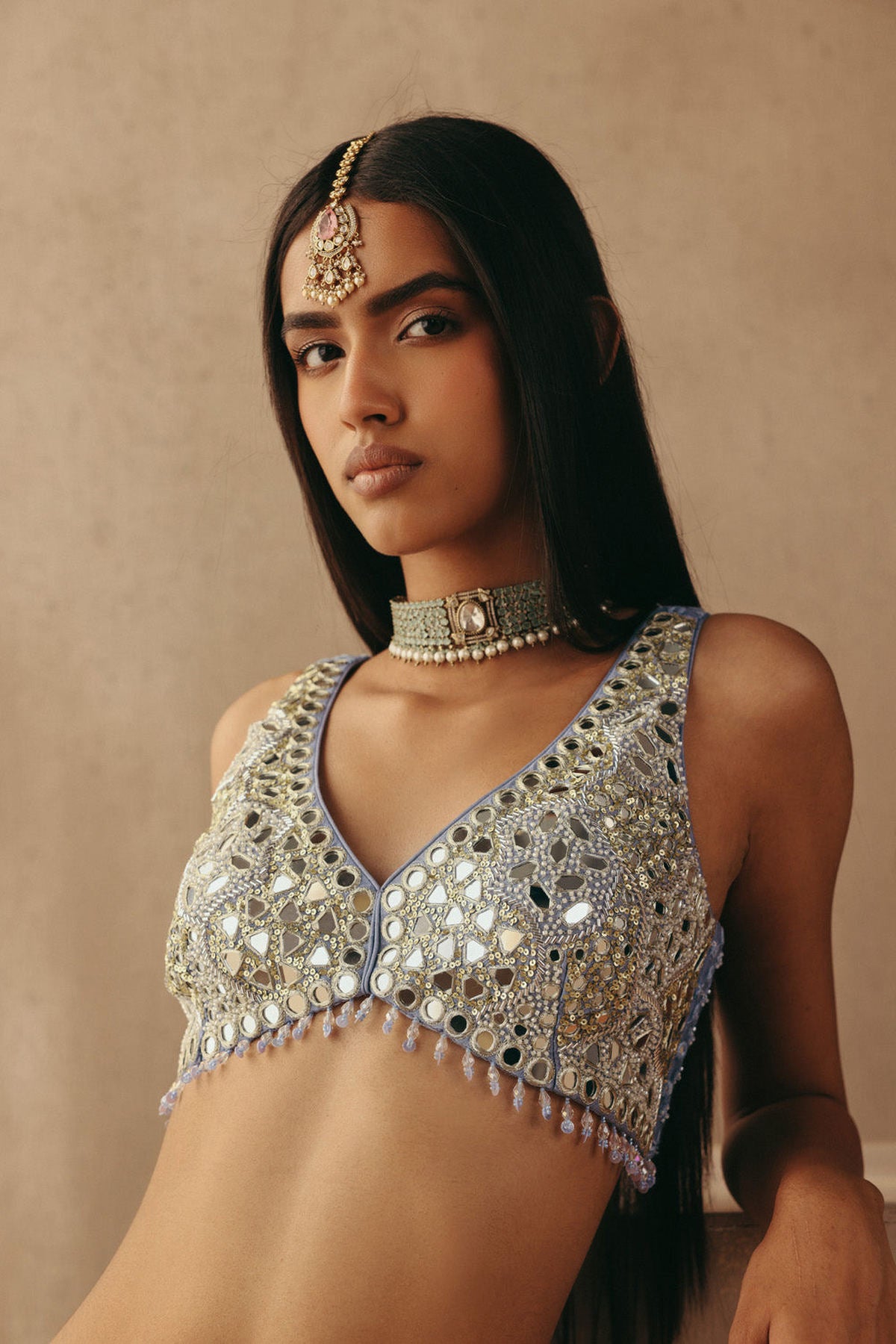 Mirrorwork Sharara Lehenga with Sleeveless Blouse and Slip On Jacket
