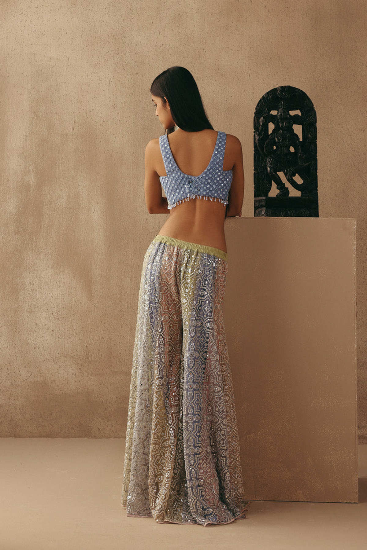 Mirrorwork Sharara Lehenga with Sleeveless Blouse and Mw Tulle Dupatta