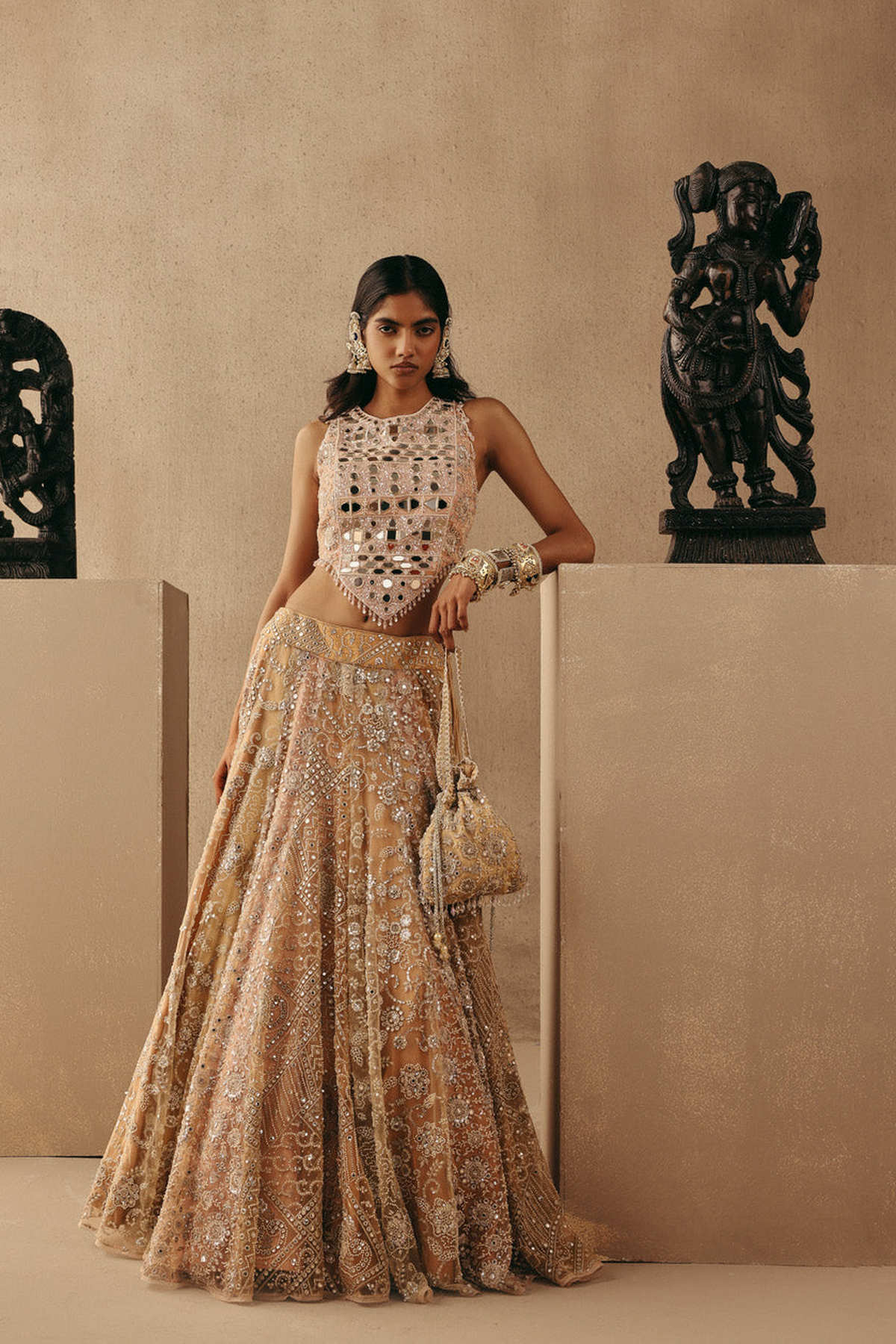 Multicolour Mirrorwork Lehenga with Corset and Dupatta