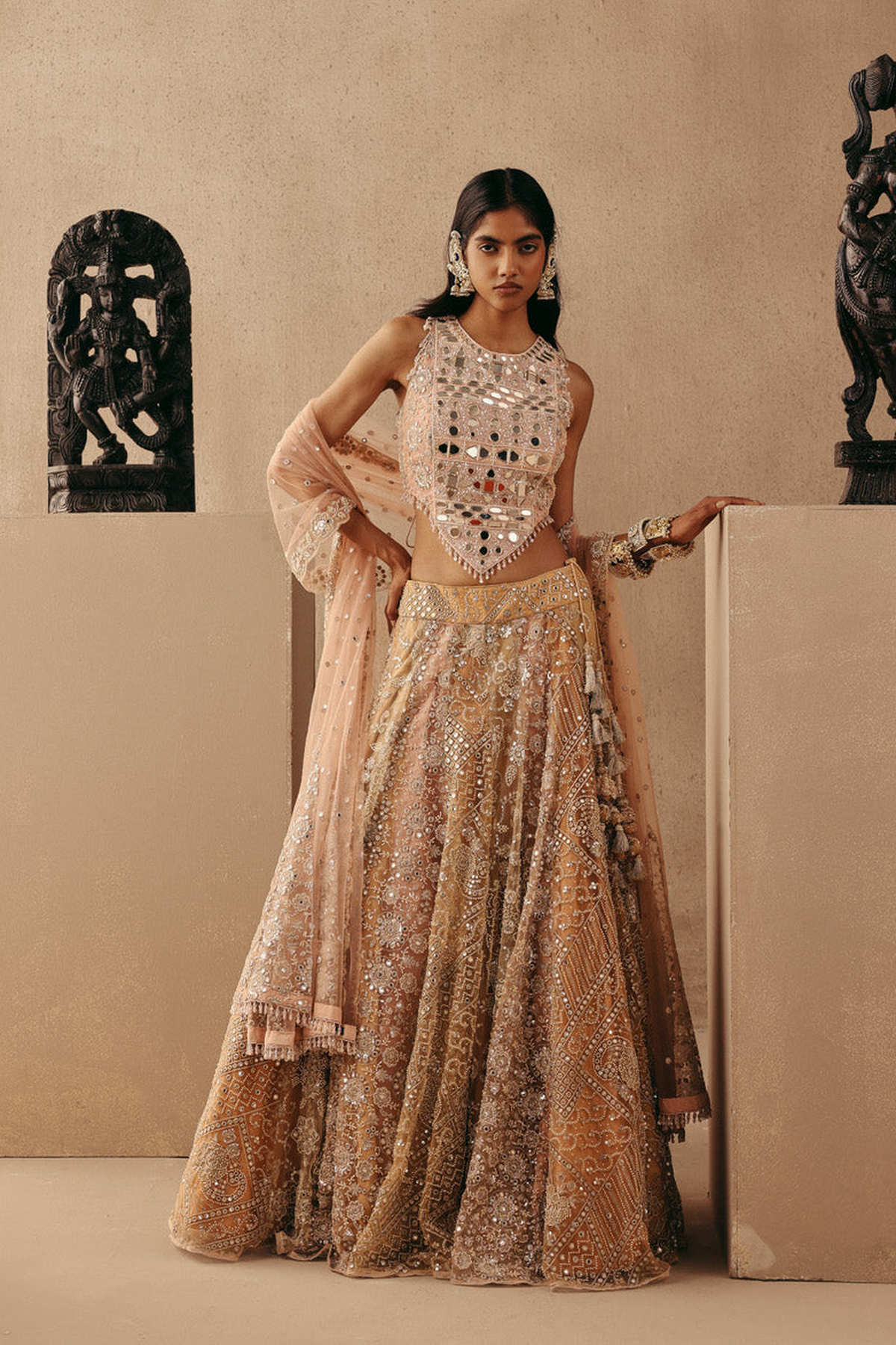 Multicolour Mirrorwork Lehenga with Corset and Dupatta
