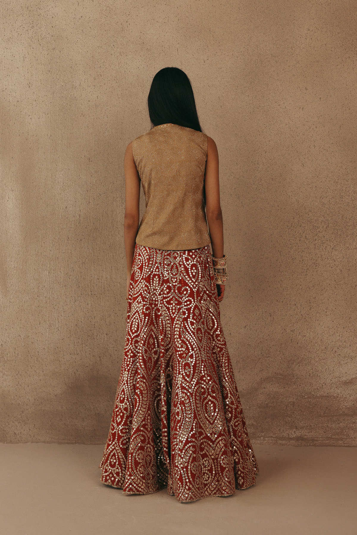 Mirrorwork Fish Cut Lehenga with Gilet and Dupatta