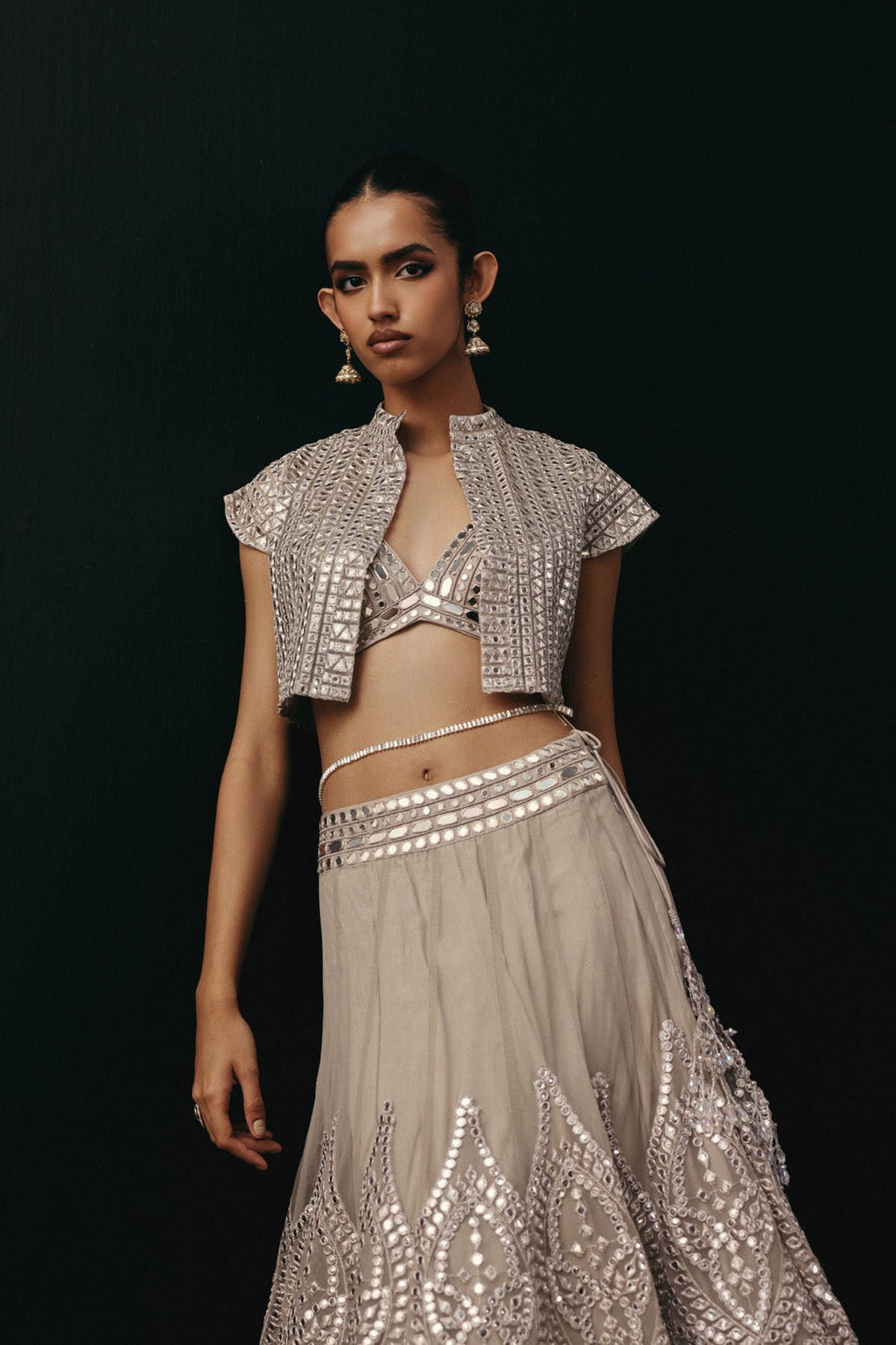 Silver Zari Mirrorwork Lehenga with Cap Sleeves Open Balero Jacket and Bralette