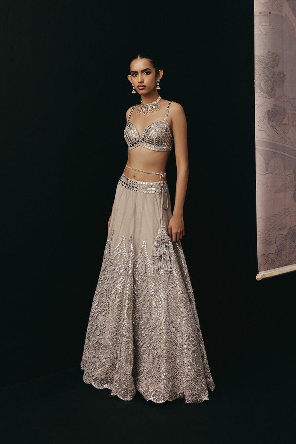 Silver Zari Mirrorwork Lehenga with Cap Sleeves Open Balero Jacket and Bralette