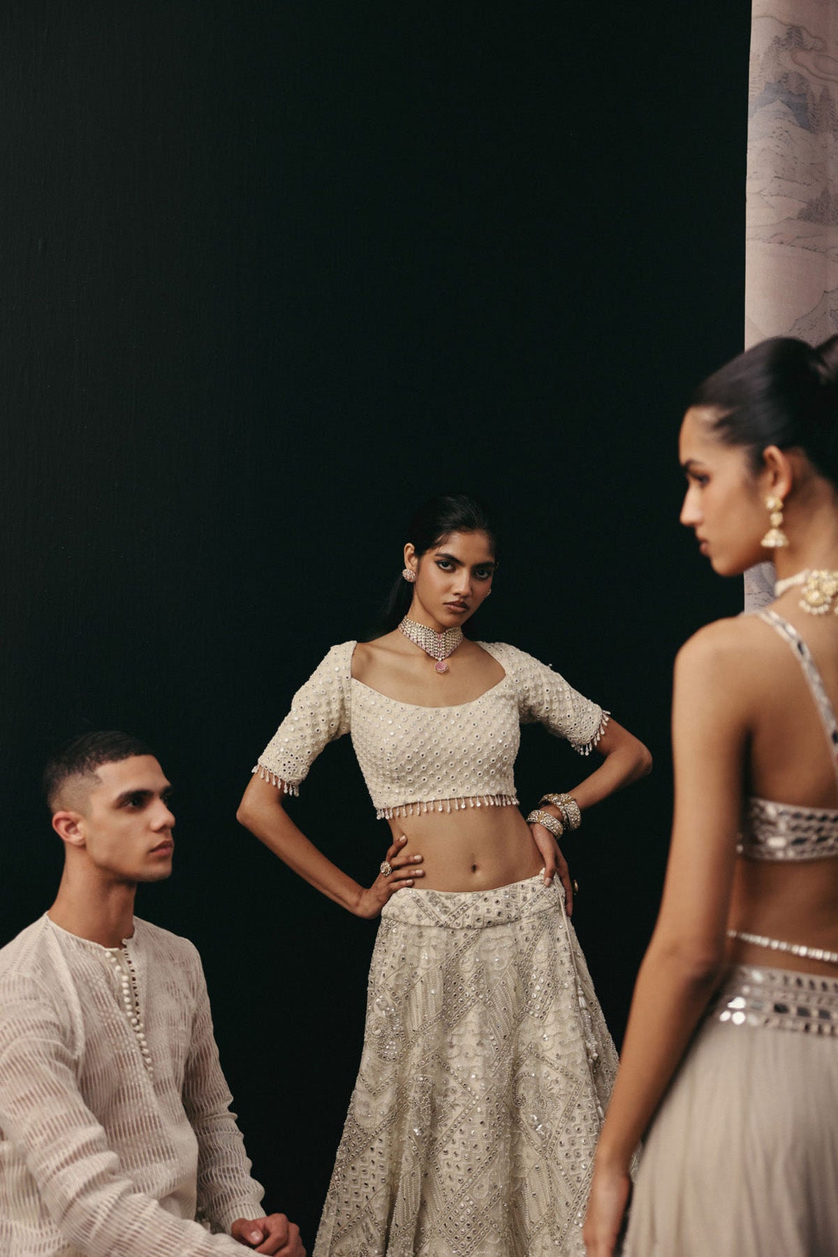 Silver Zari Mirrorwork Lehenga with Cap Sleeves Open Balero Jacket and Bralette