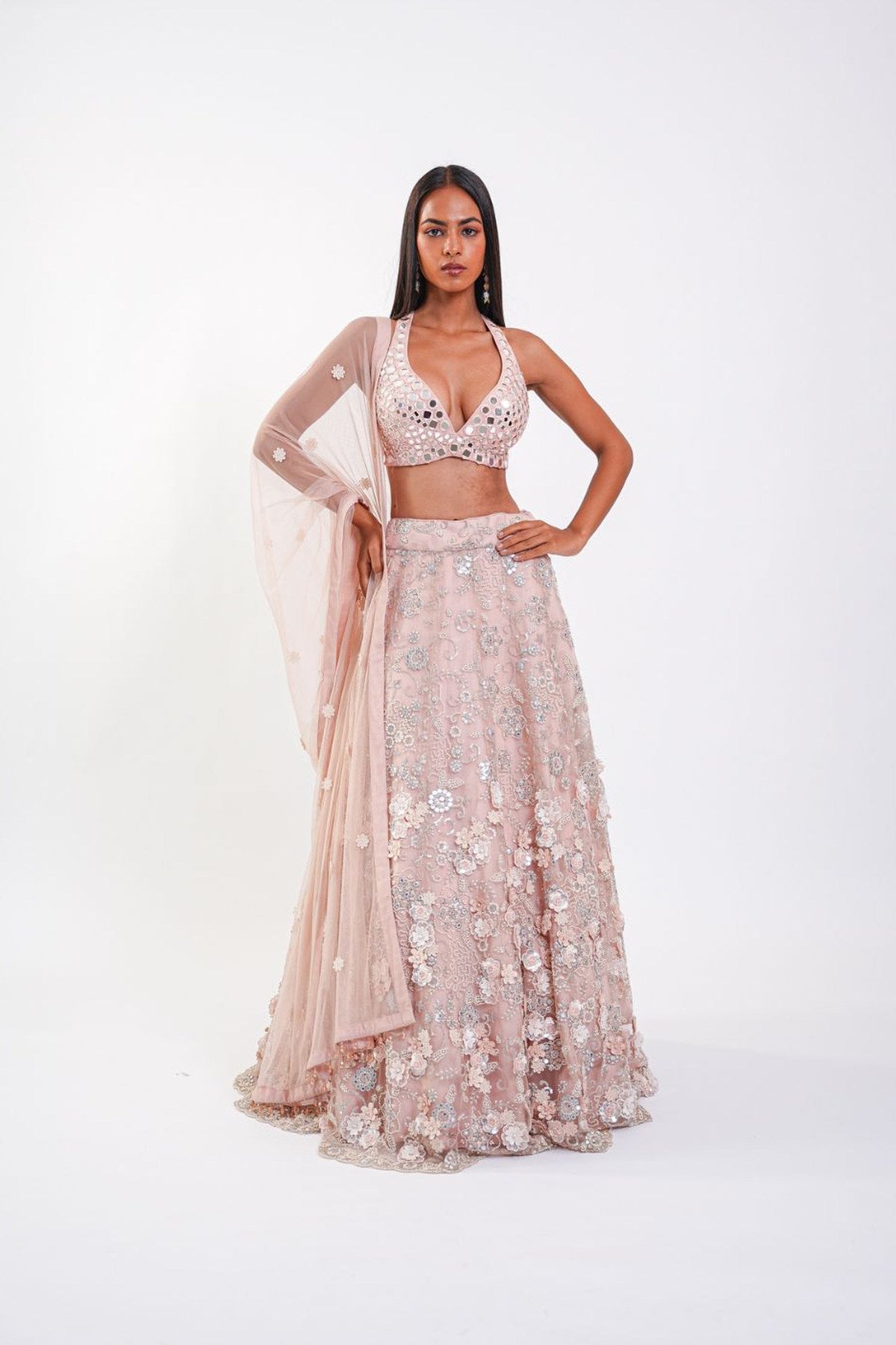 MIRRORWORK SKIRT WITH 3D FLOWERS ALONG WITH BRALETTE AND DUPATTA