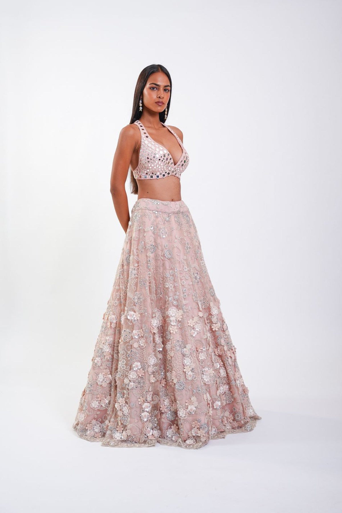 MIRRORWORK SKIRT WITH 3D FLOWERS ALONG WITH BRALETTE AND DUPATTA