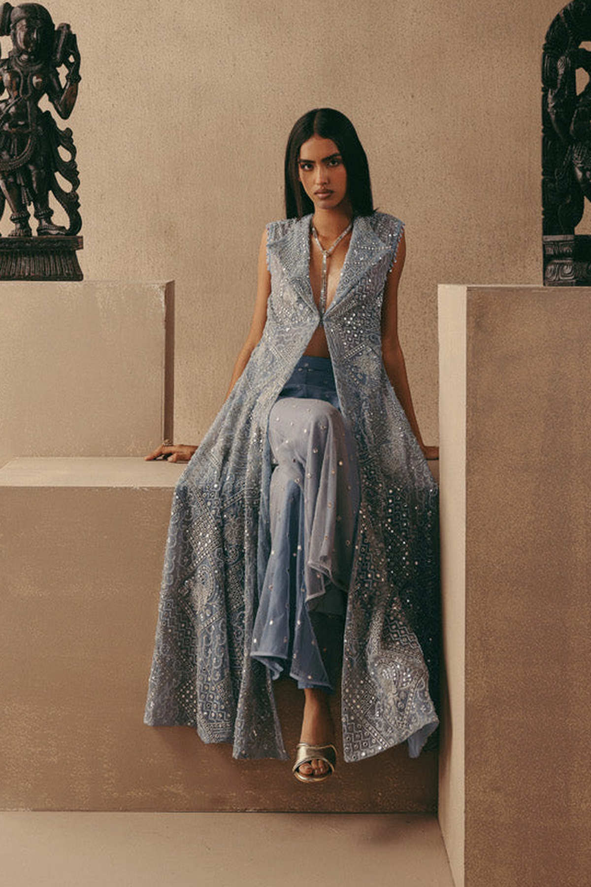 Mirrorwork Wing Collar Long Jacket