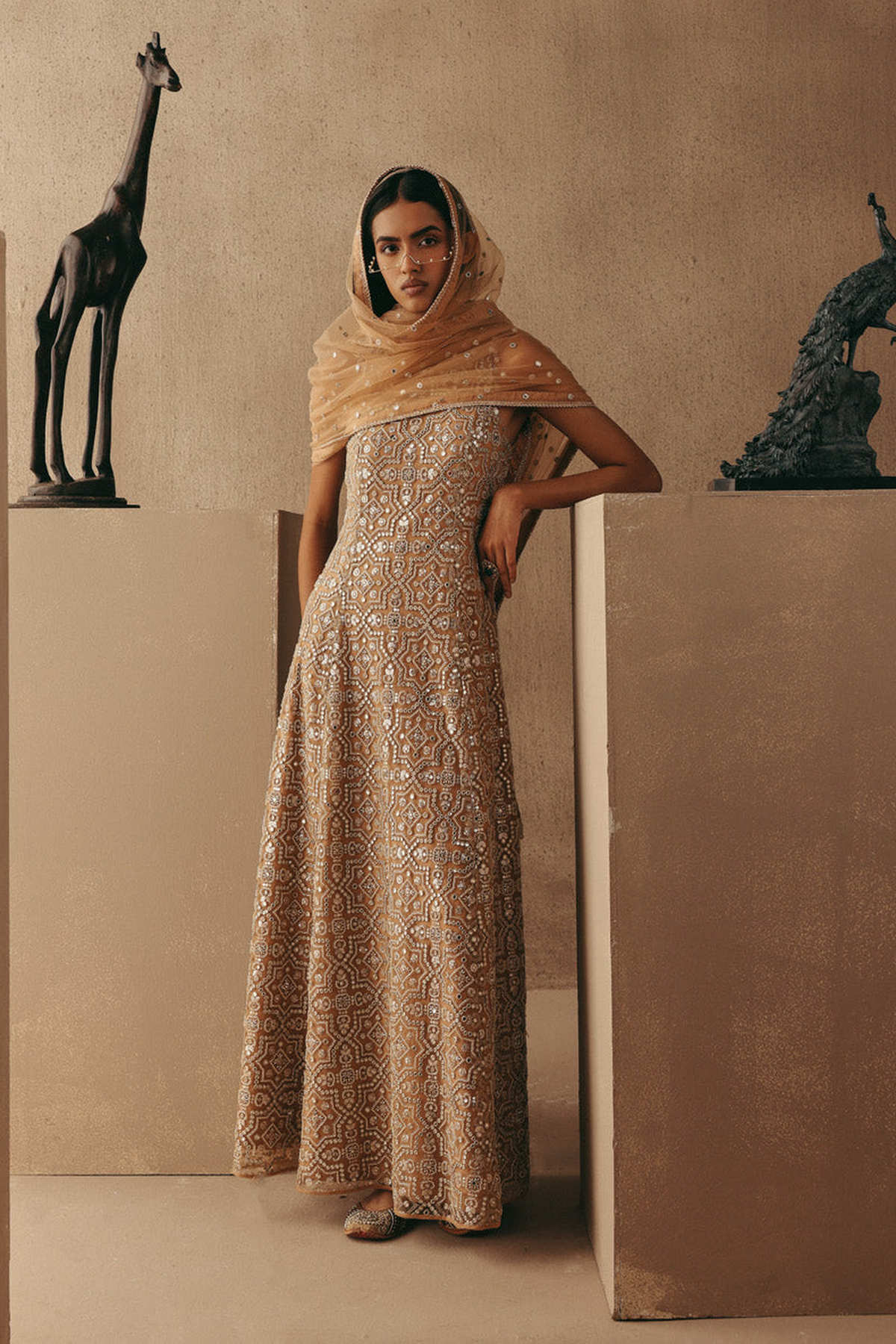 Mirrorwork Hi Neck Long Backless Dress
