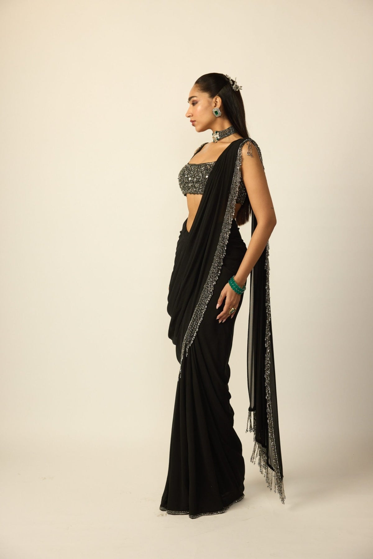 Black Georgette Tassel Saree - Vvani