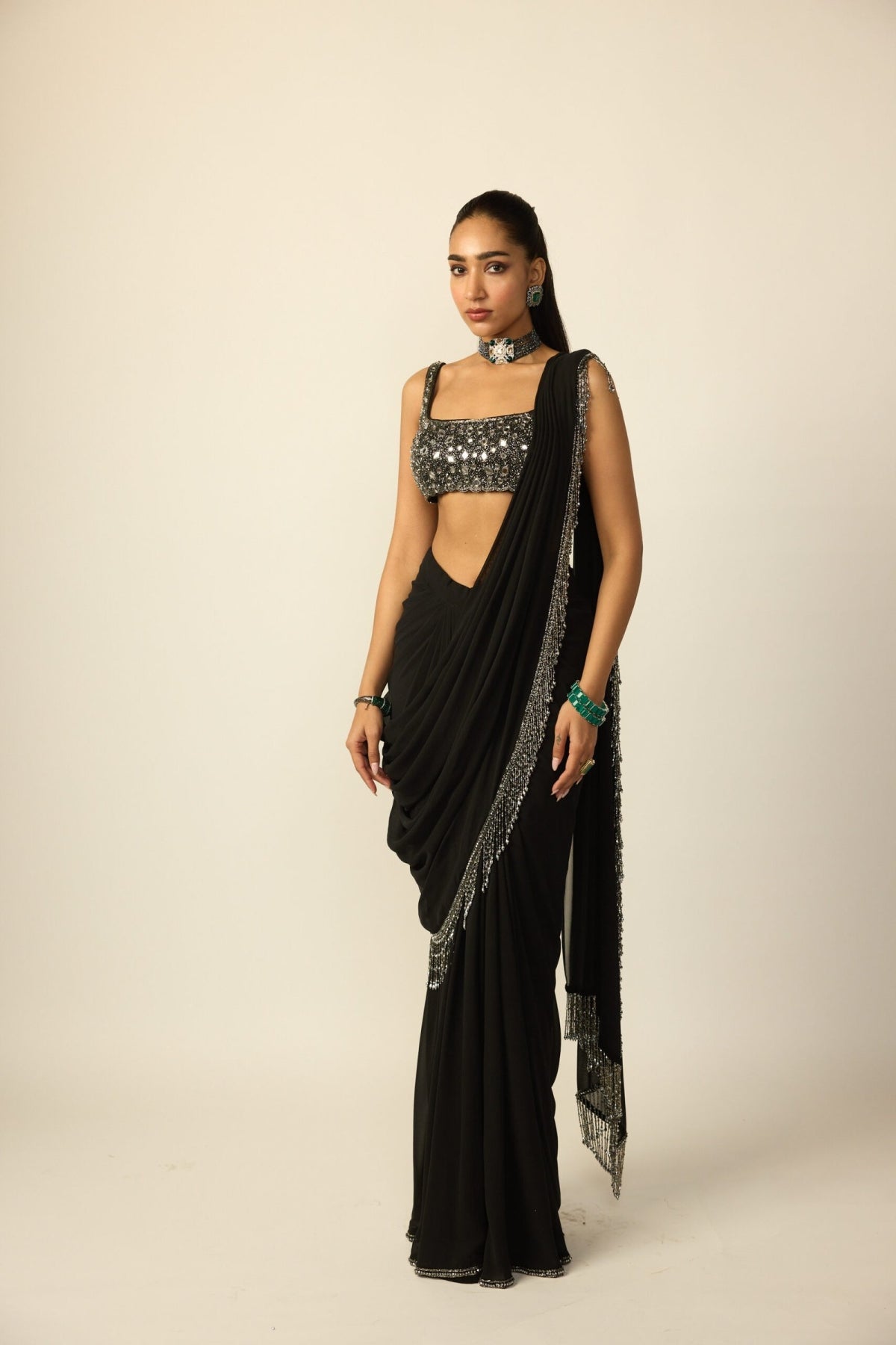 Black Georgette Tassel Saree - Vvani