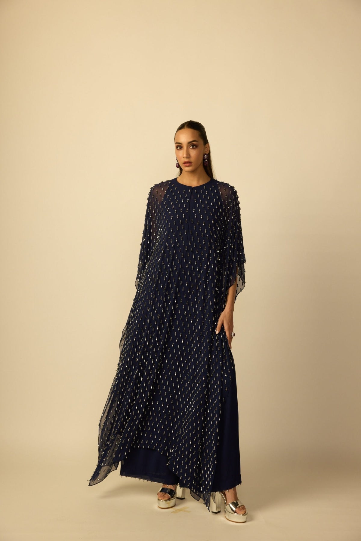 Deep Blue Silver Drop Kaftan - Vvani