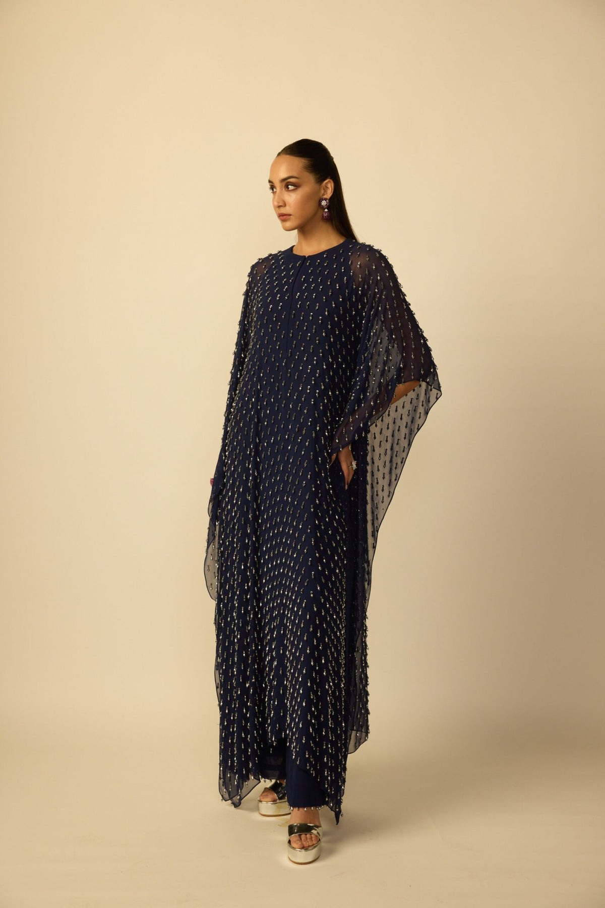 Deep Blue Silver Drop Kaftan - Vvani