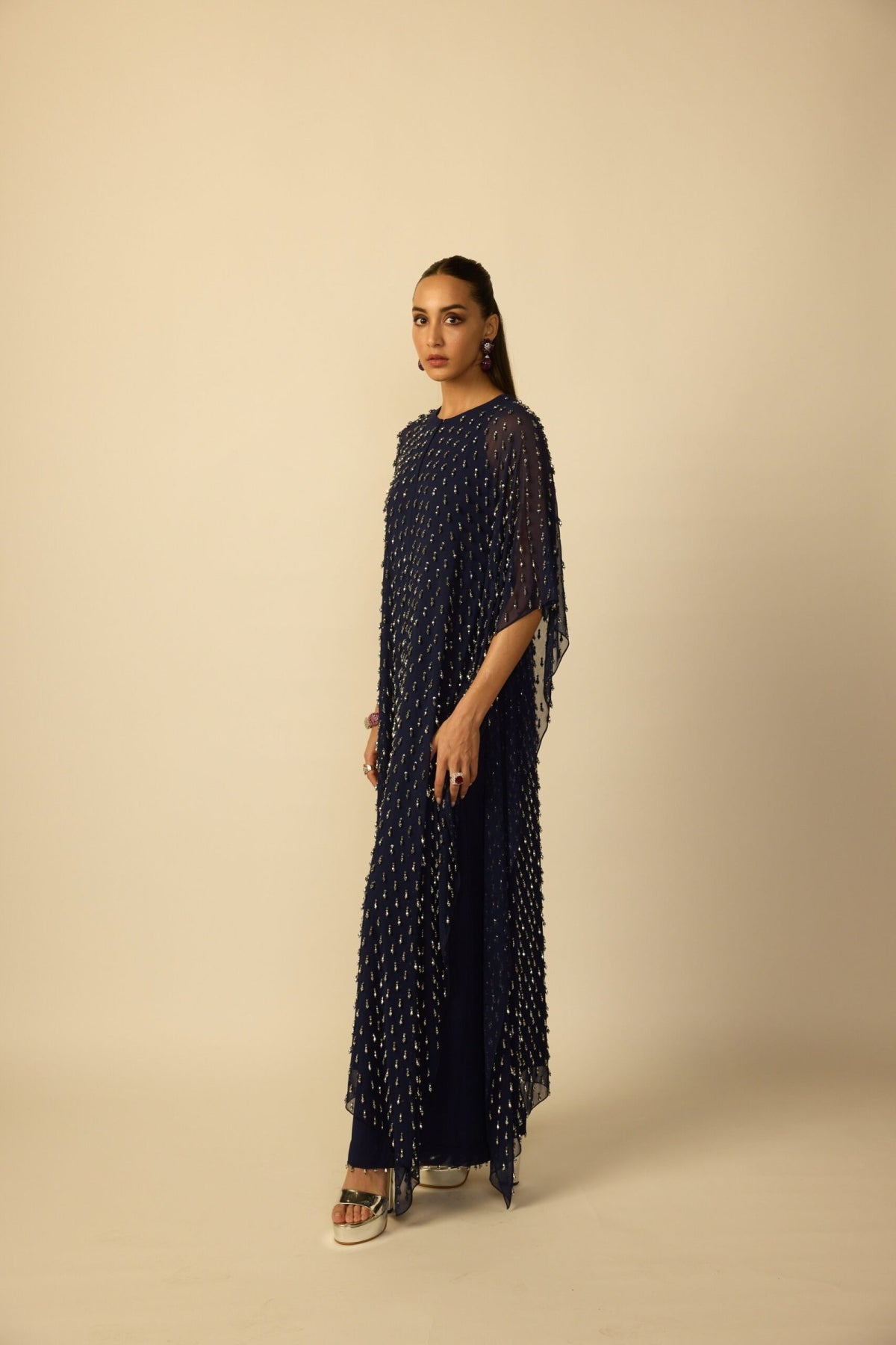 Deep Blue Silver Drop Kaftan - Vvani