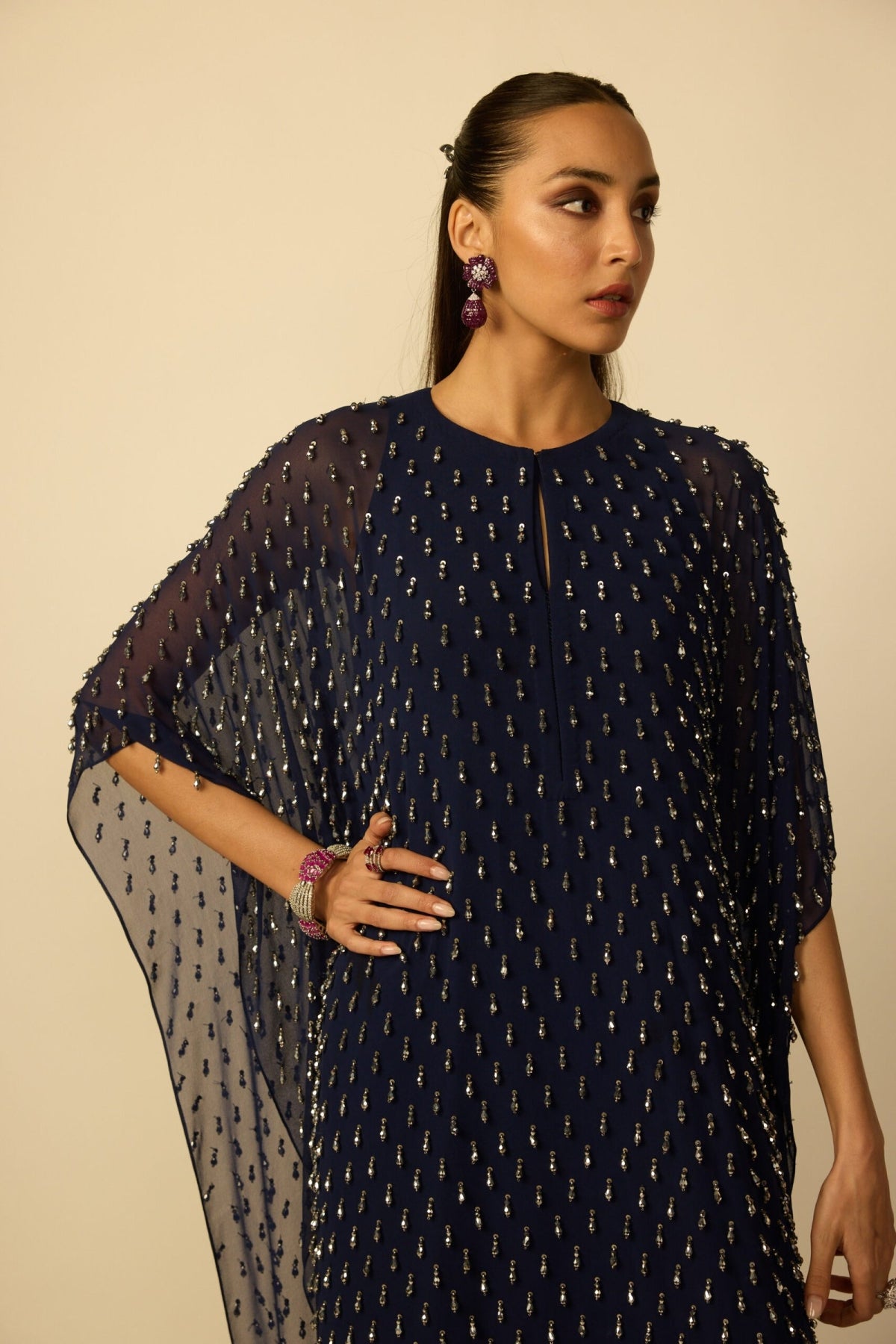 Deep Blue Silver Drop Kaftan - Vvani