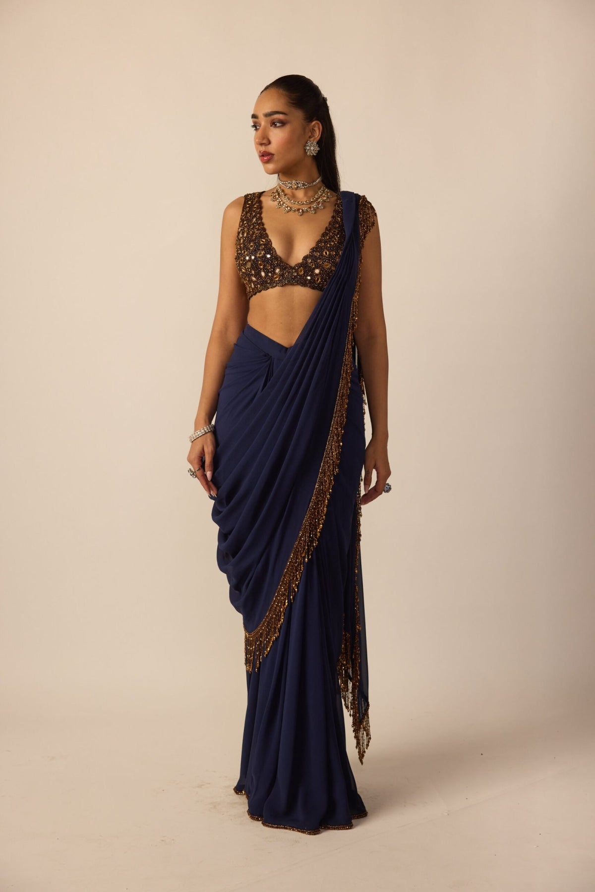 Deep Blue Georgette Tassel Saree - Vvani