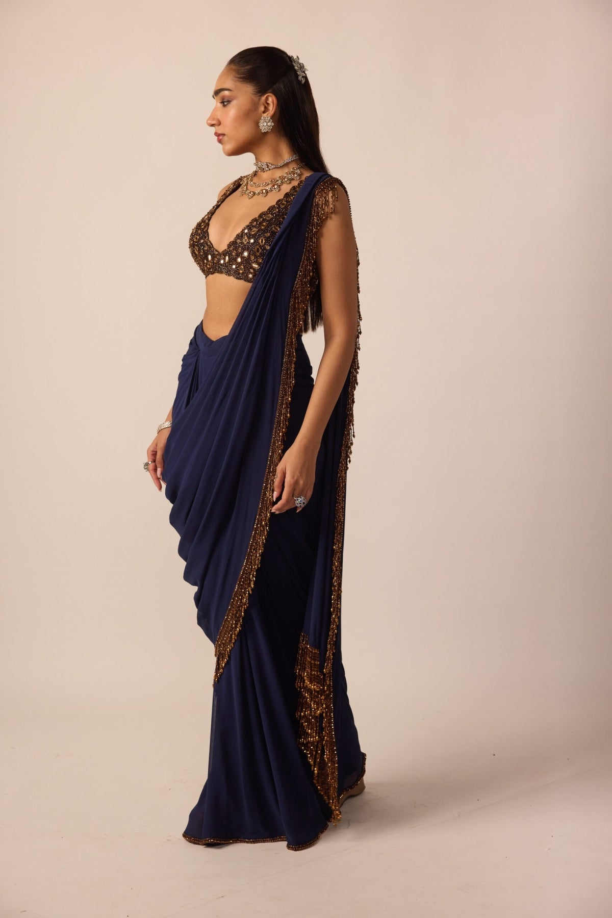 Deep Blue Georgette Tassel Saree - Vvani