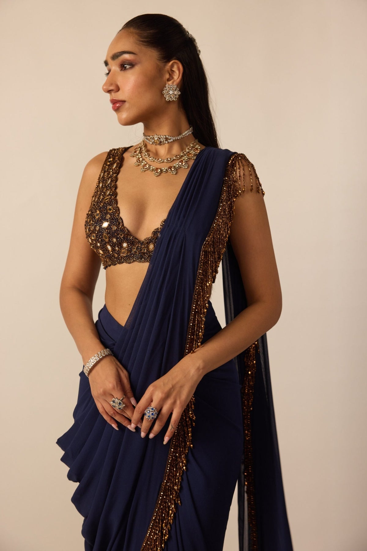 Deep Blue Georgette Tassel Saree - Vvani
