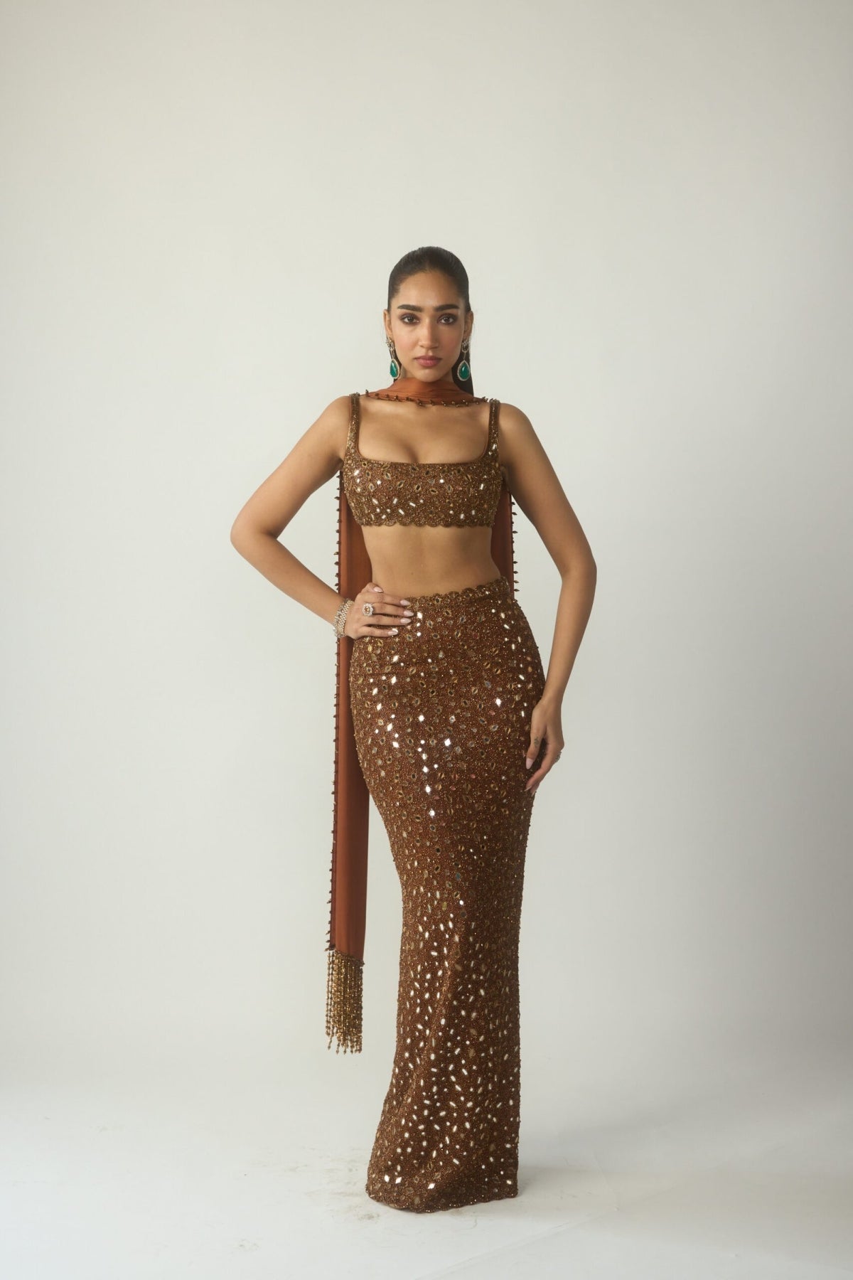 Metallic Copper Pencil Skirt Set - Vvani