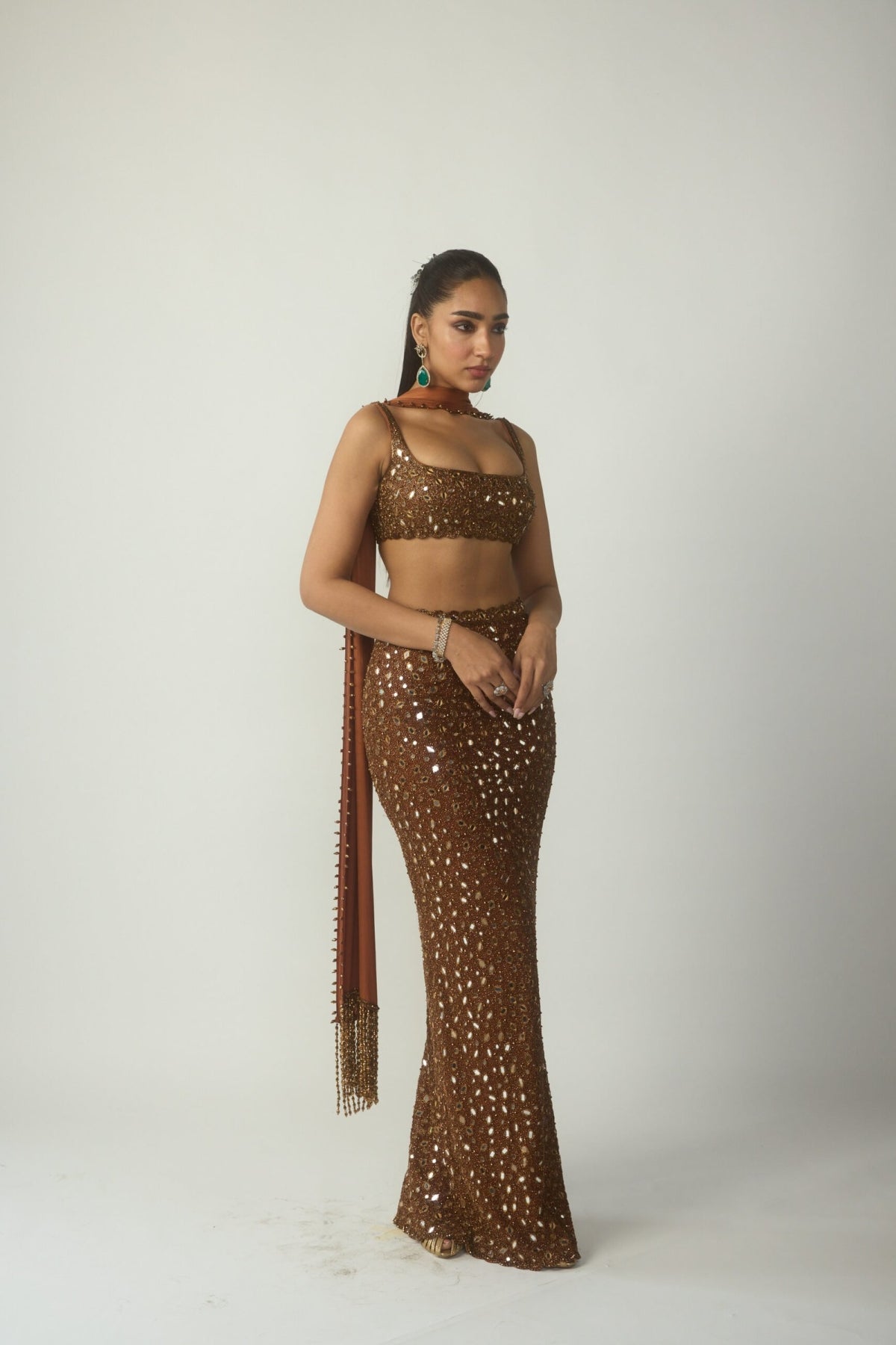 Metallic Copper Pencil Skirt Set - Vvani