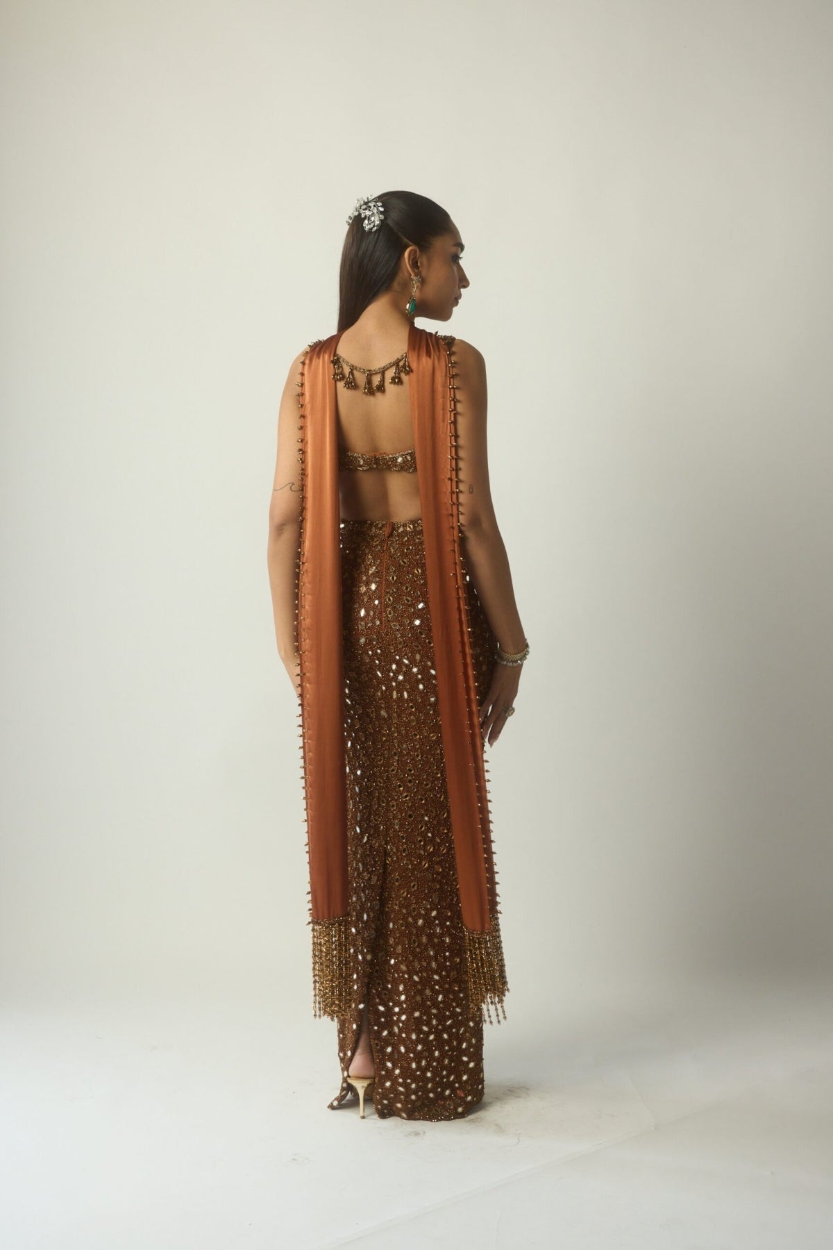 Metallic Copper Pencil Skirt Set - Vvani