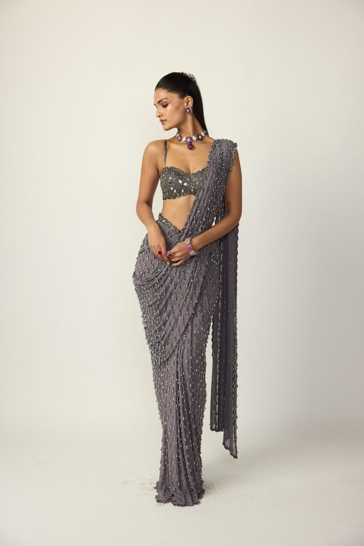 Metallic Grey Single Drop Draped Saree Set - Vvani