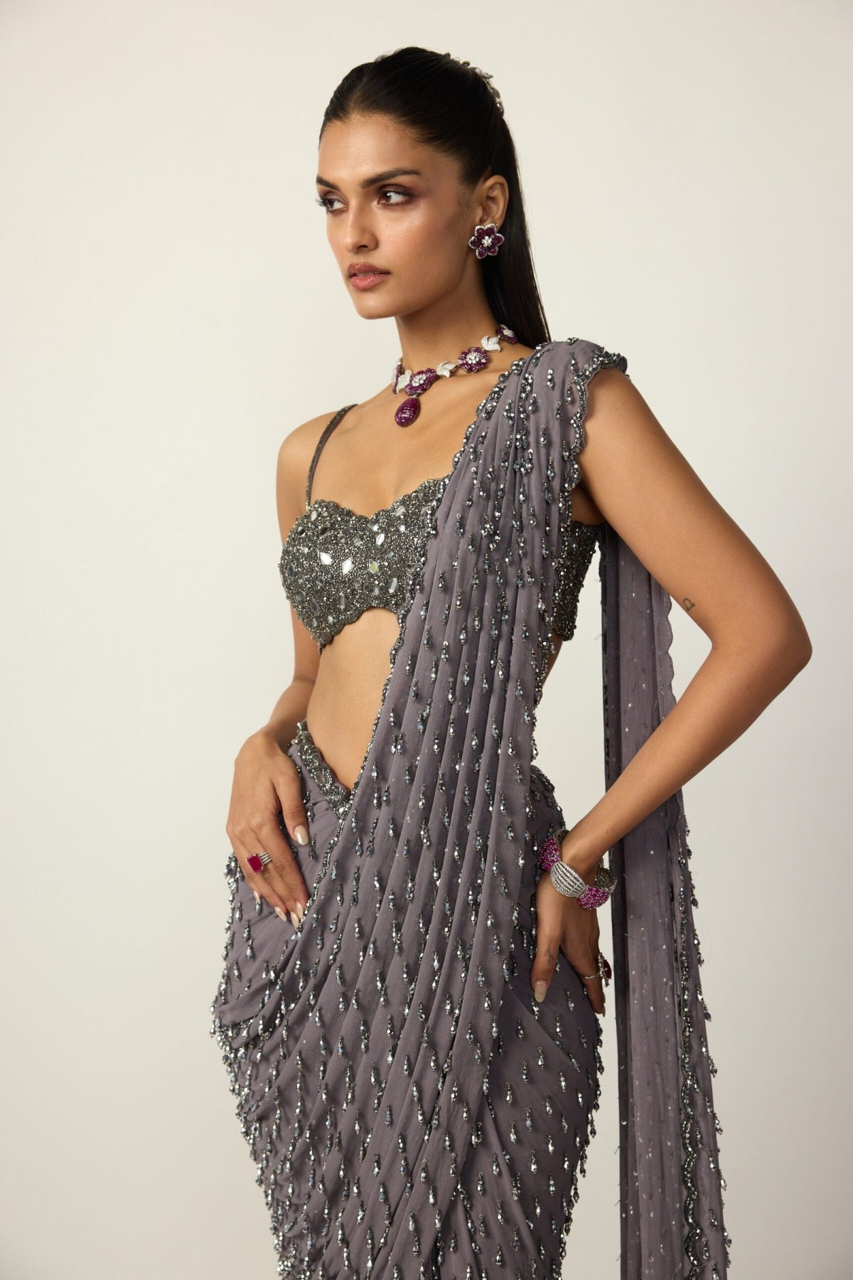 Metallic Grey Single Drop Draped Saree Set - Vvani