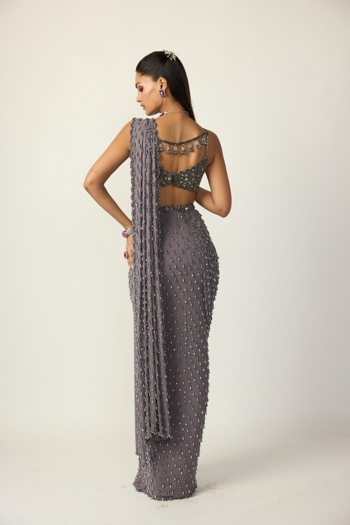 Metallic Grey Single Drop Draped Saree Set - Vvani