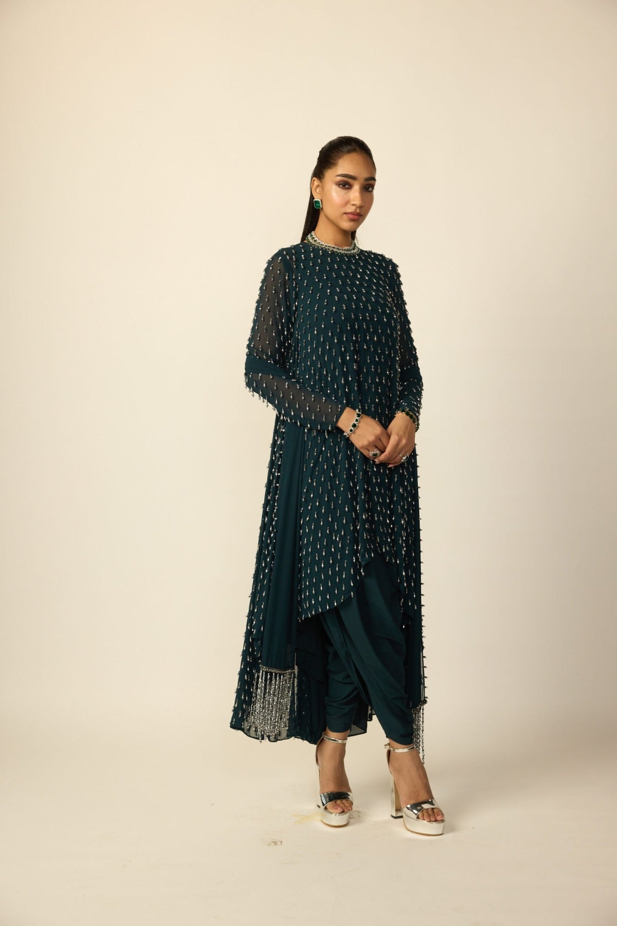 Dark Teal Silver Drop Kurta With Stole - Vvani