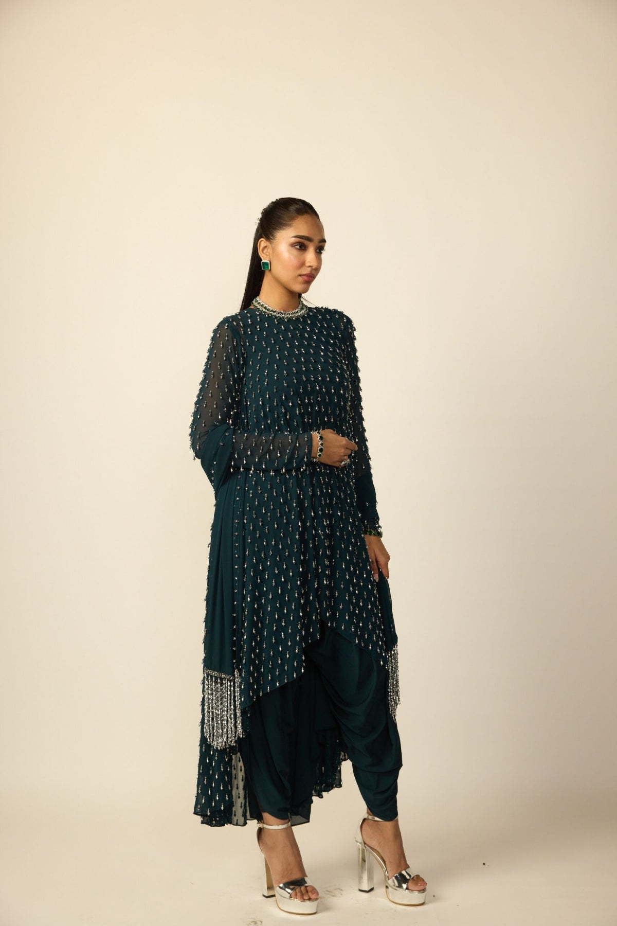 Dark Teal Silver Drop Kurta With Stole - Vvani
