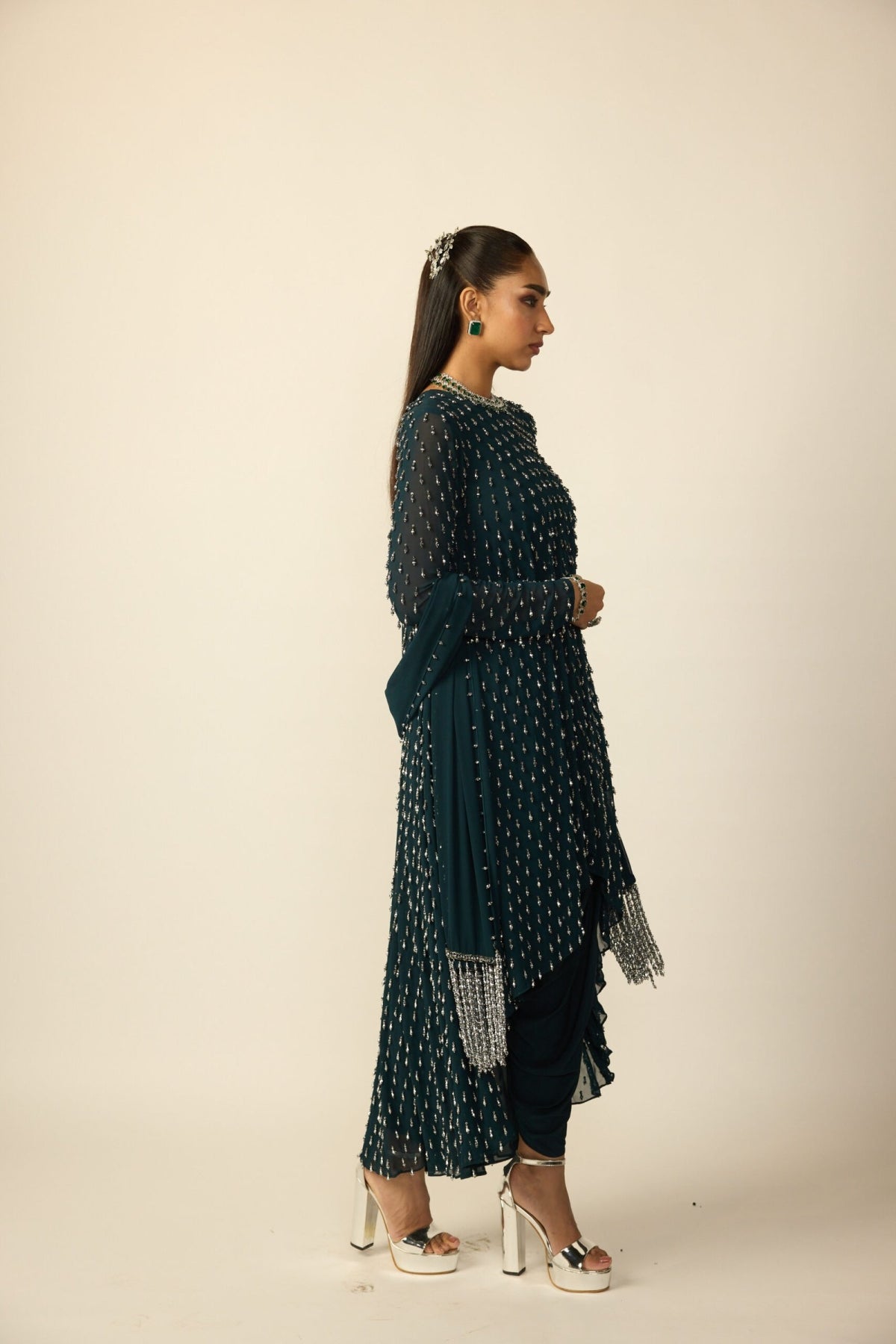 Dark Teal Silver Drop Kurta With Stole - Vvani
