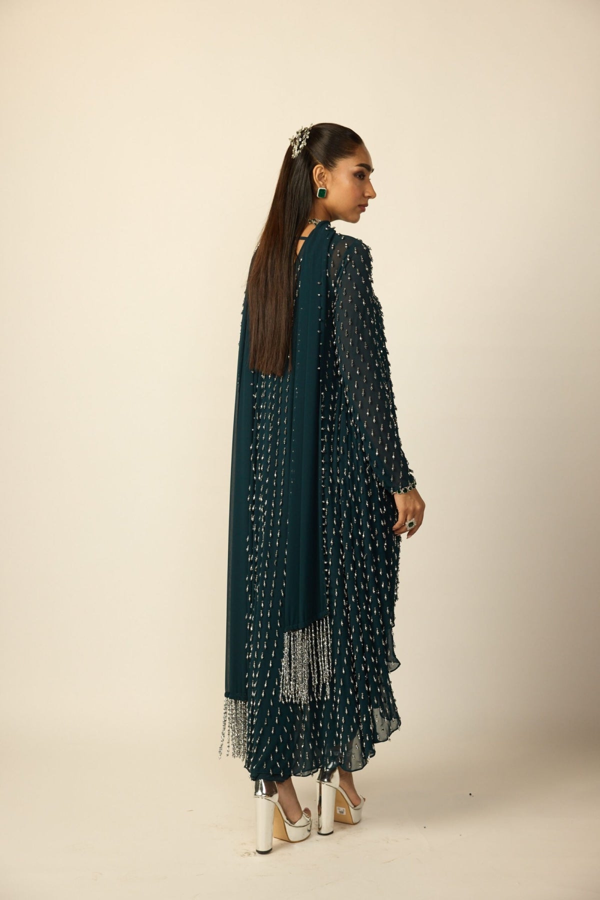 Dark Teal Silver Drop Kurta With Stole - Vvani