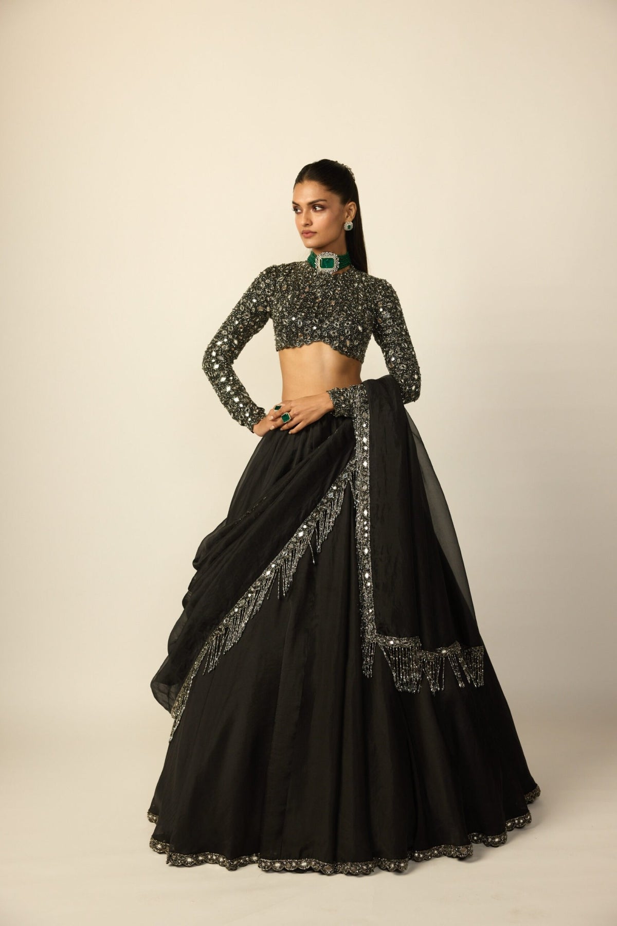 Black Tassel Dupatta Lehenga Set - Vvani