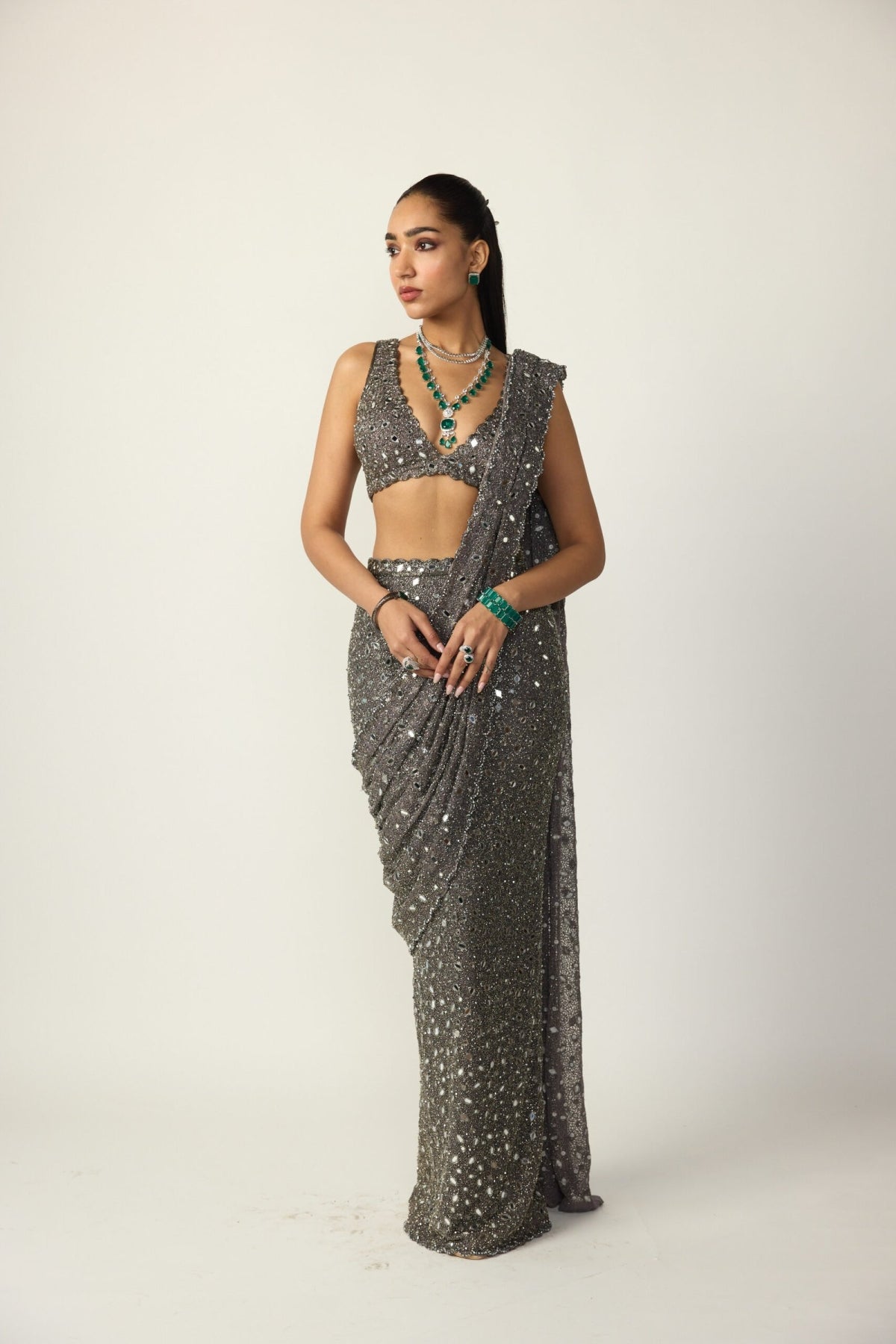 Metallic Grey Draped Saree Set - Vvani