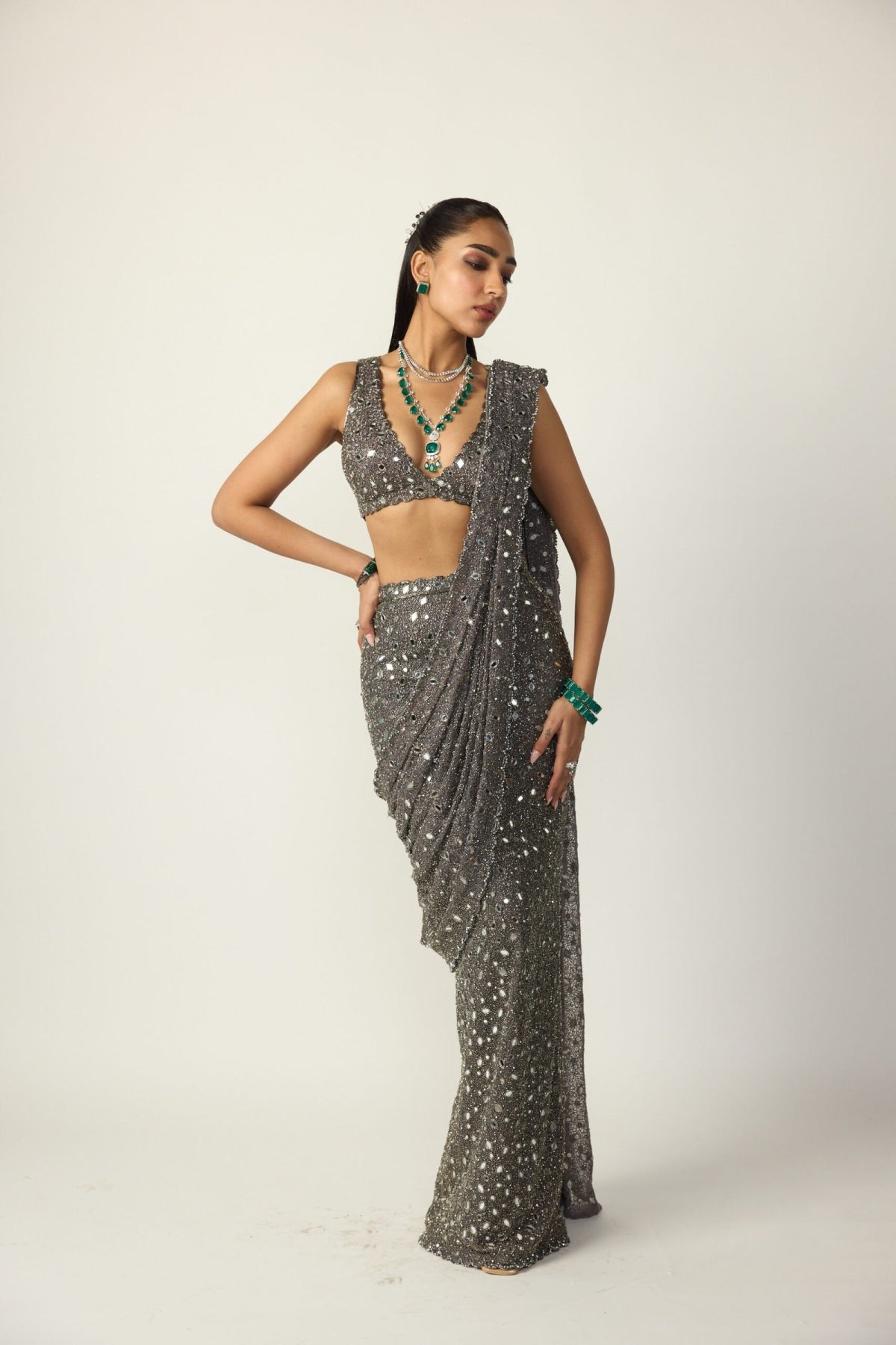Metallic Grey Draped Saree Set - Vvani