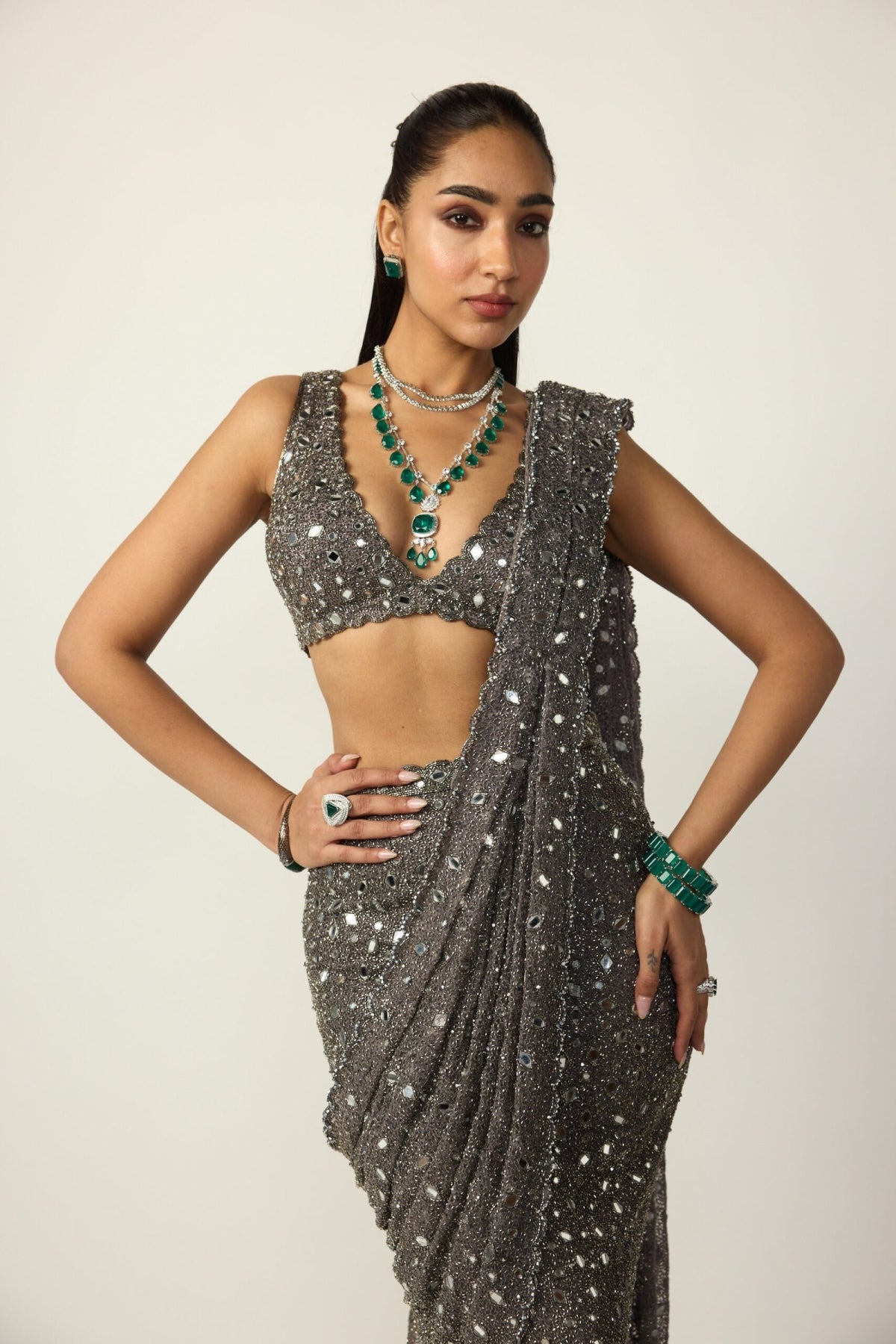 Metallic Grey Draped Saree Set - Vvani