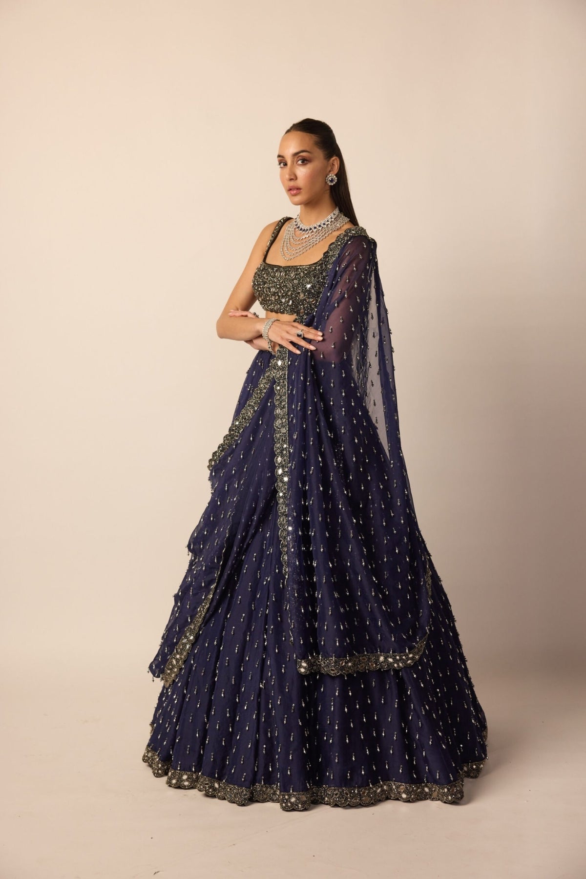 Deep Blue Single Drop Lehenga Set - Vvani