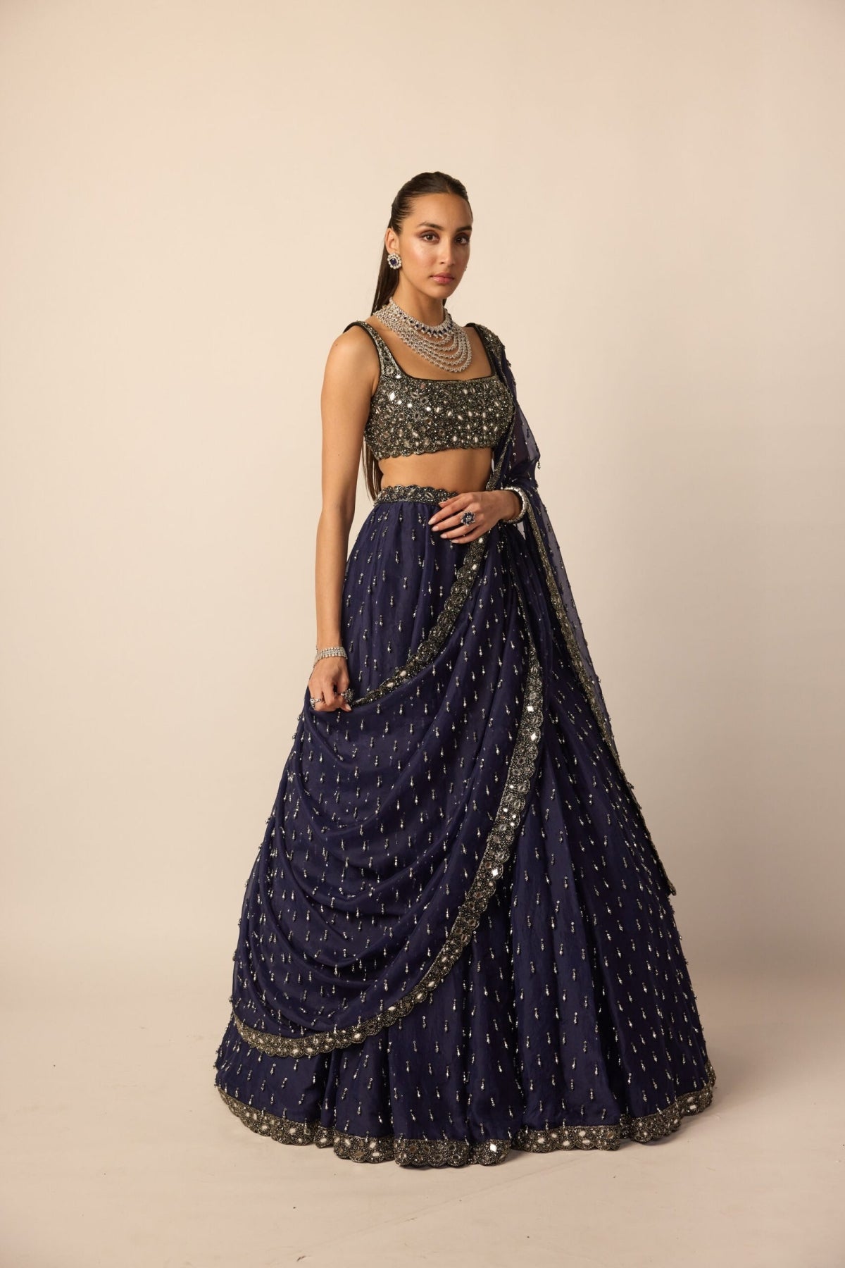 Deep Blue Single Drop Lehenga Set - Vvani