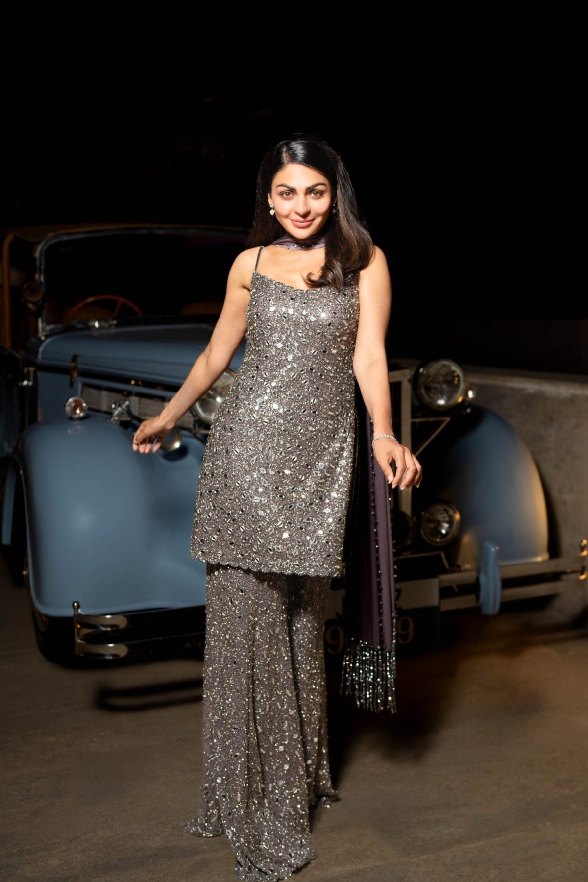 NEERU BAJWA IN Metallic Grey Sharara With Kurta Set - Vvani