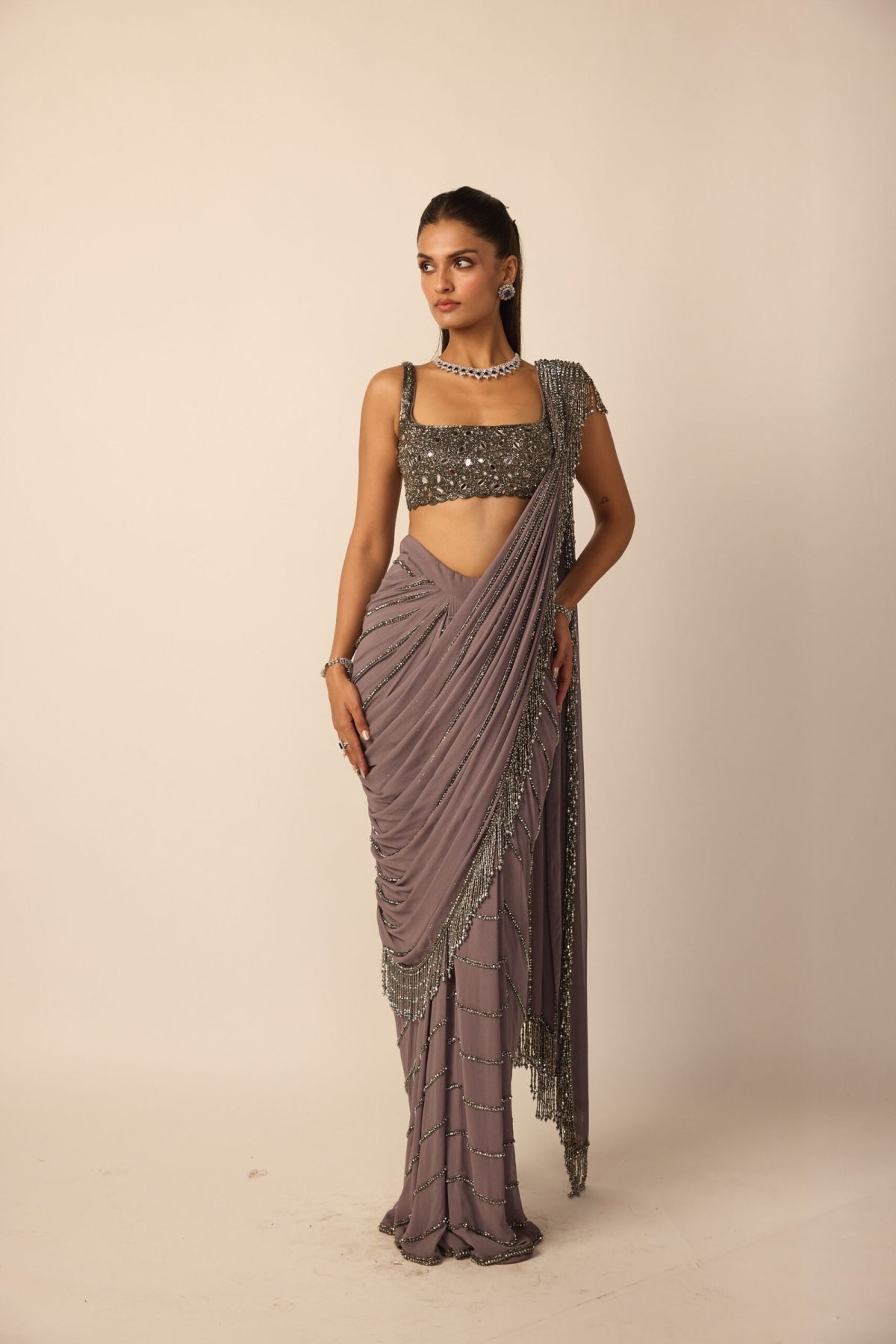 Metallic Grey Linear Draped Saree - Vvani