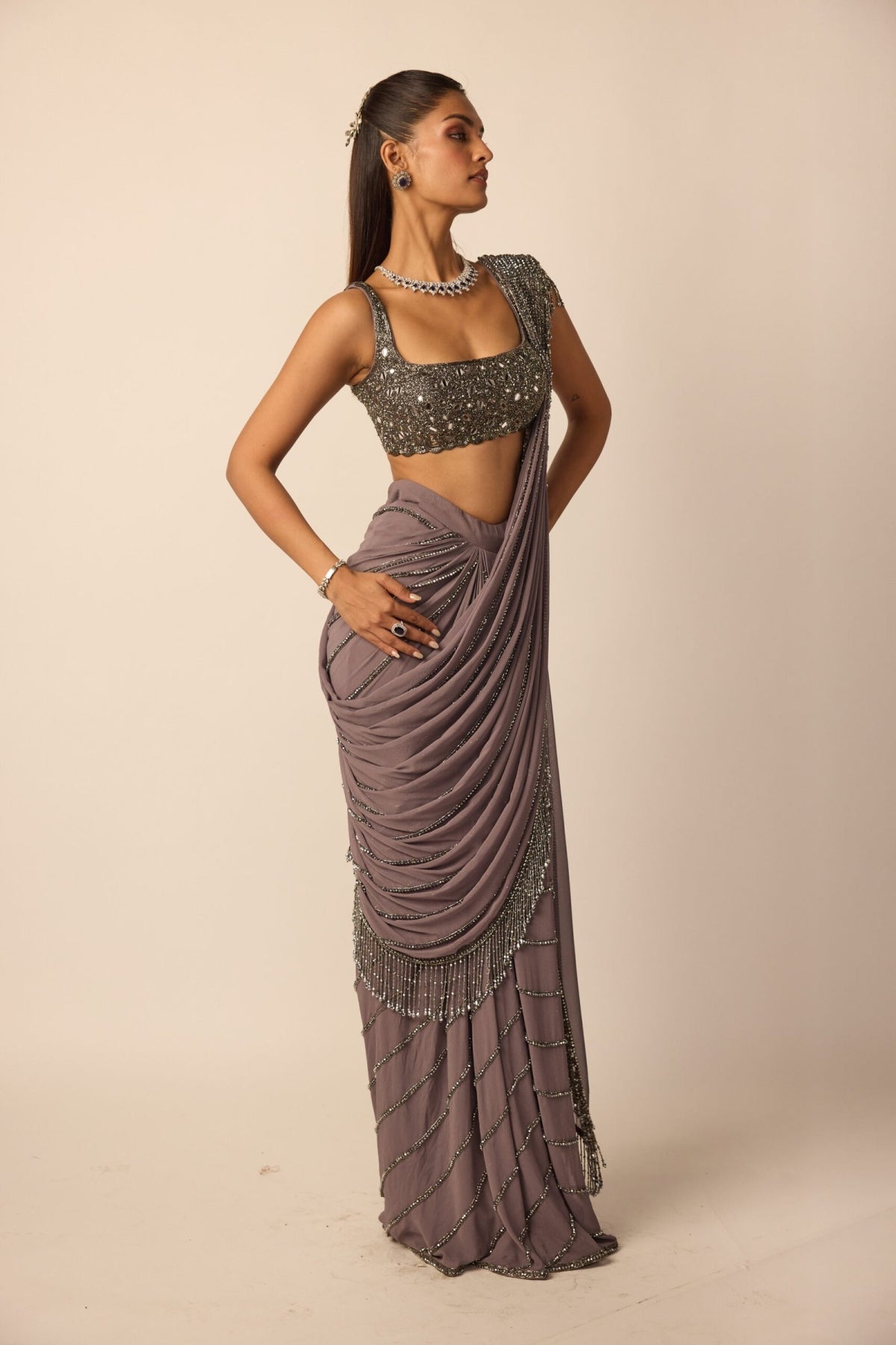 Metallic Grey Linear Draped Saree - Vvani