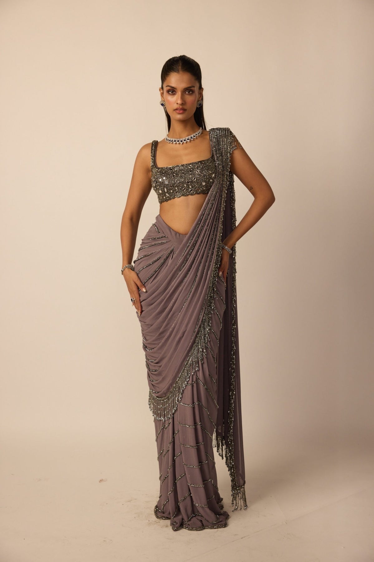 Metallic Grey Linear Draped Saree - Vvani