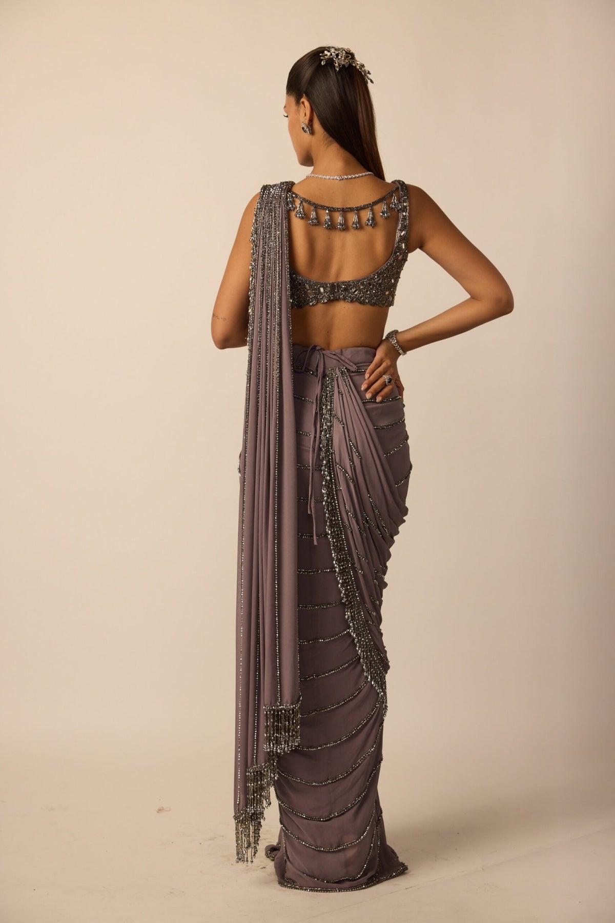 Metallic Grey Linear Draped Saree - Vvani