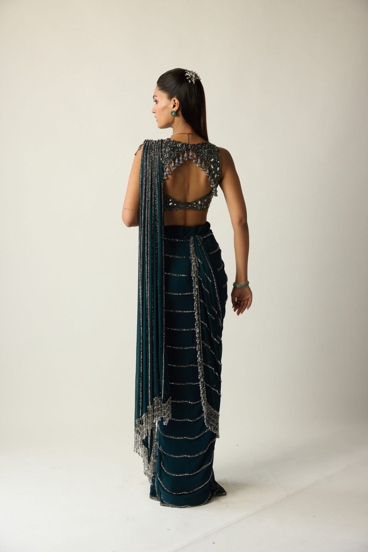 Dark Teal Linear Draped Saree - Vvani