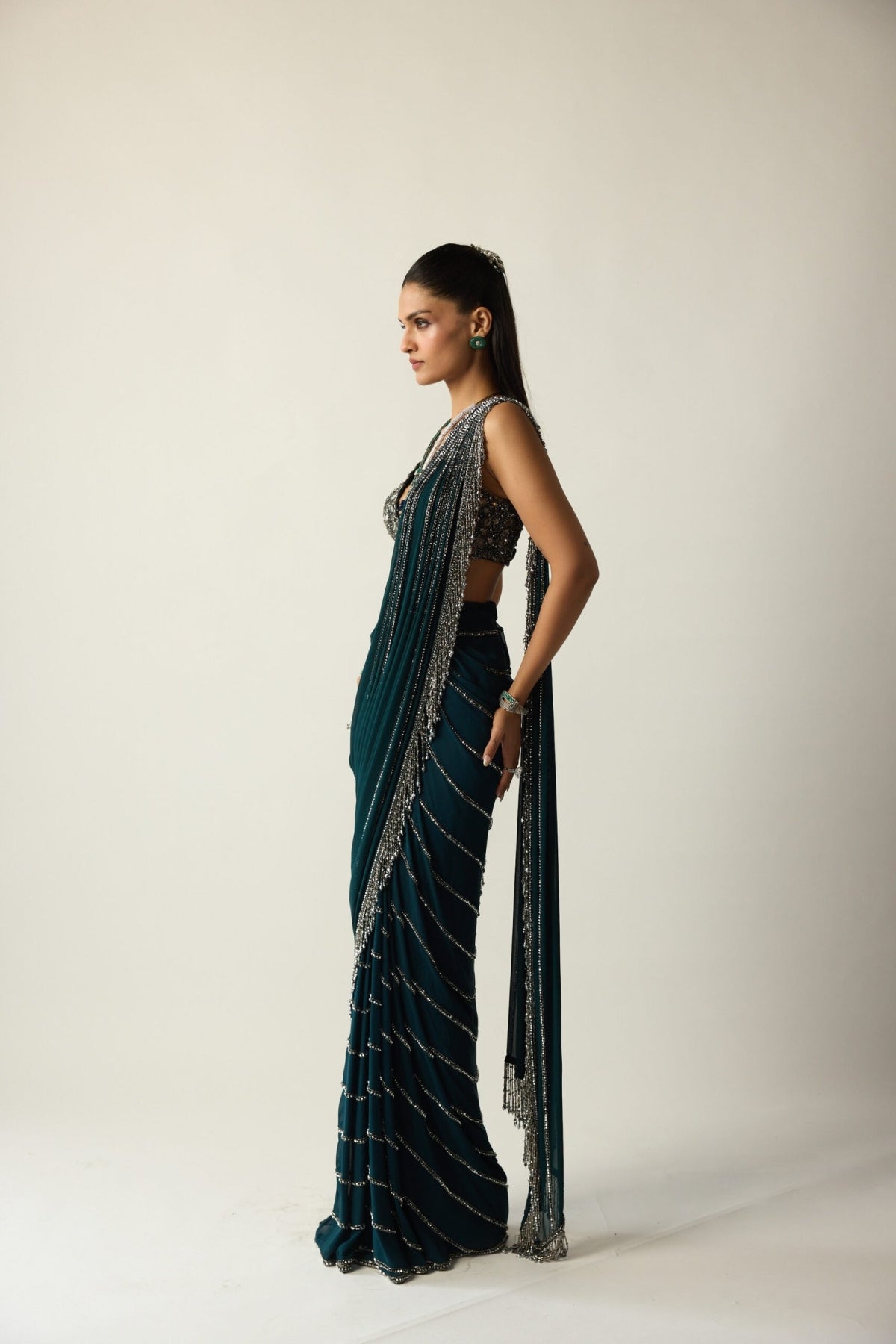 Dark Teal Linear Draped Saree - Vvani