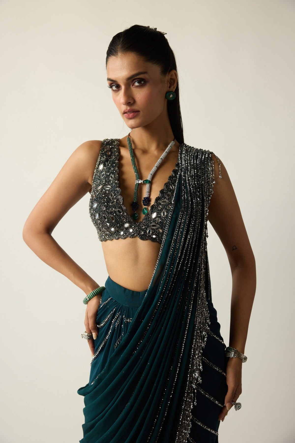 Dark Teal Linear Draped Saree - Vvani