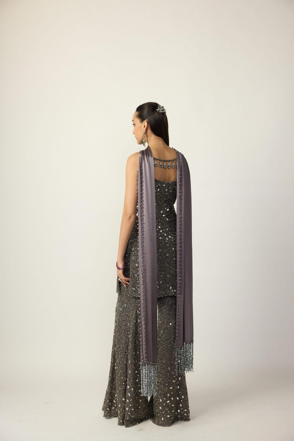 Metallic Grey Sharara With Kurta Set - Vvani
