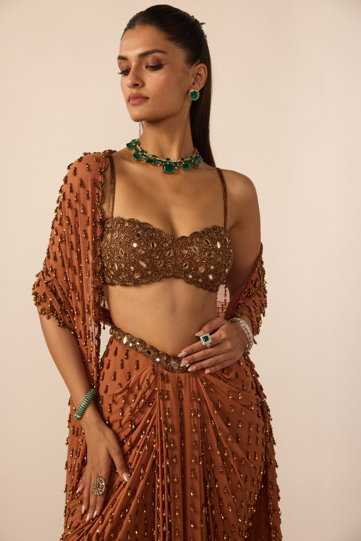 Metallic Copper Single Drop Skirt Set - Vvani