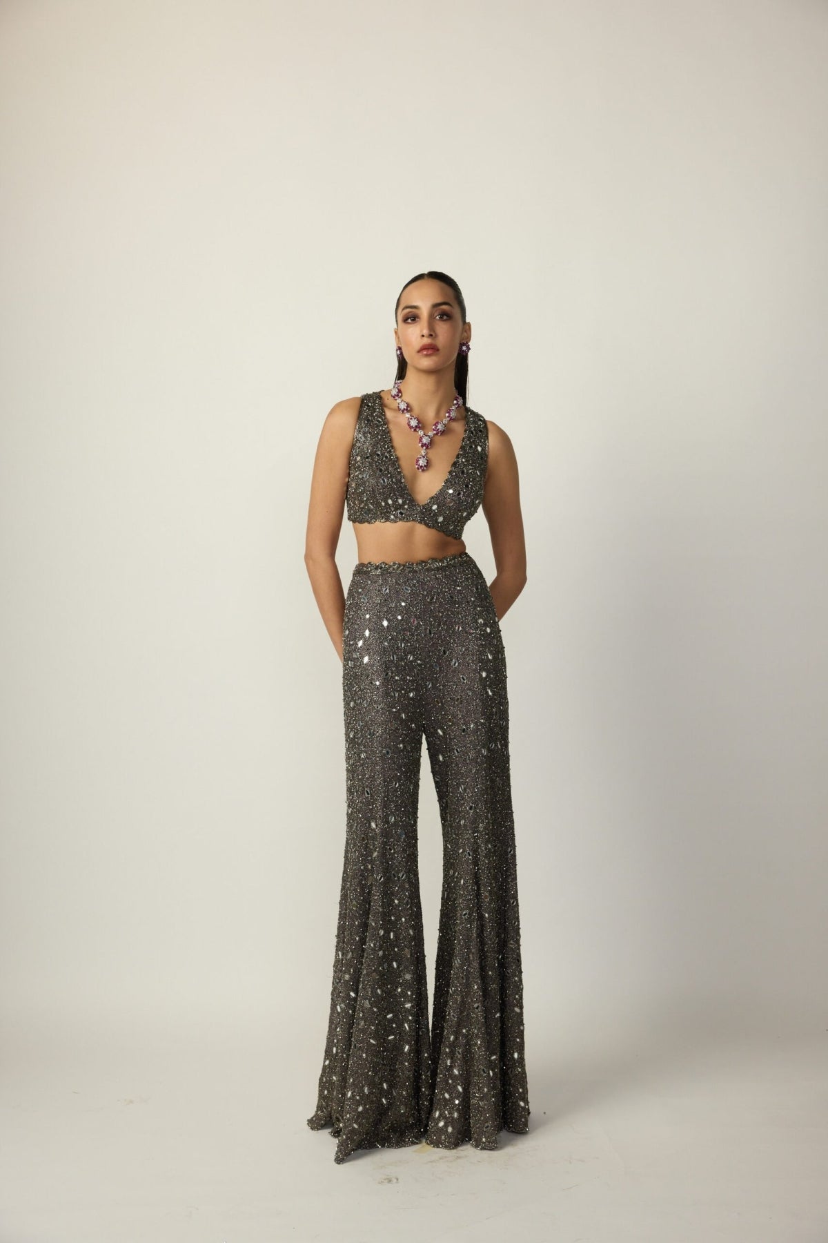 Metallic Grey Blouse Sharara Pant Set - Vvani
