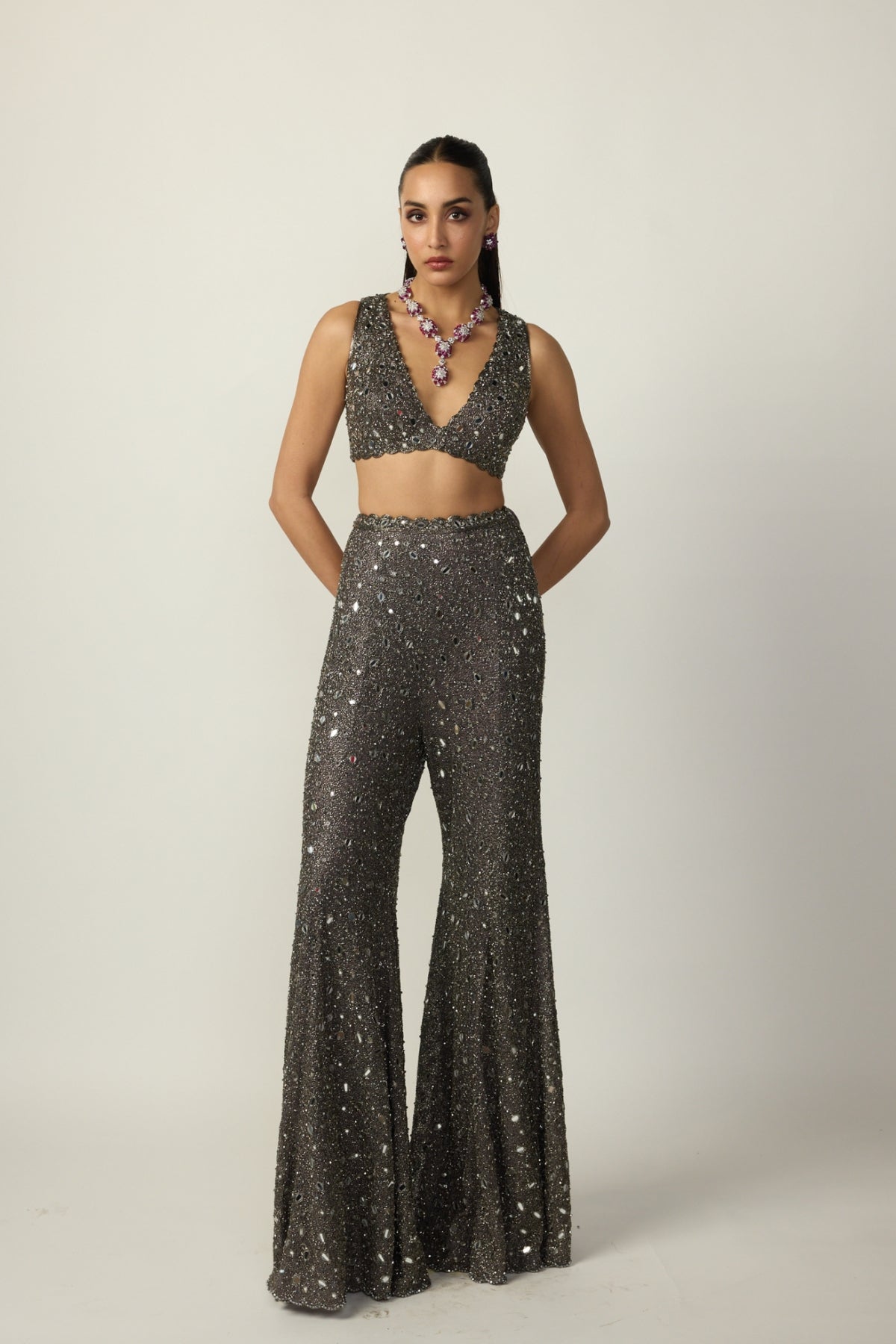 Metallic Grey Blouse Sharara Pant Set - Vvani