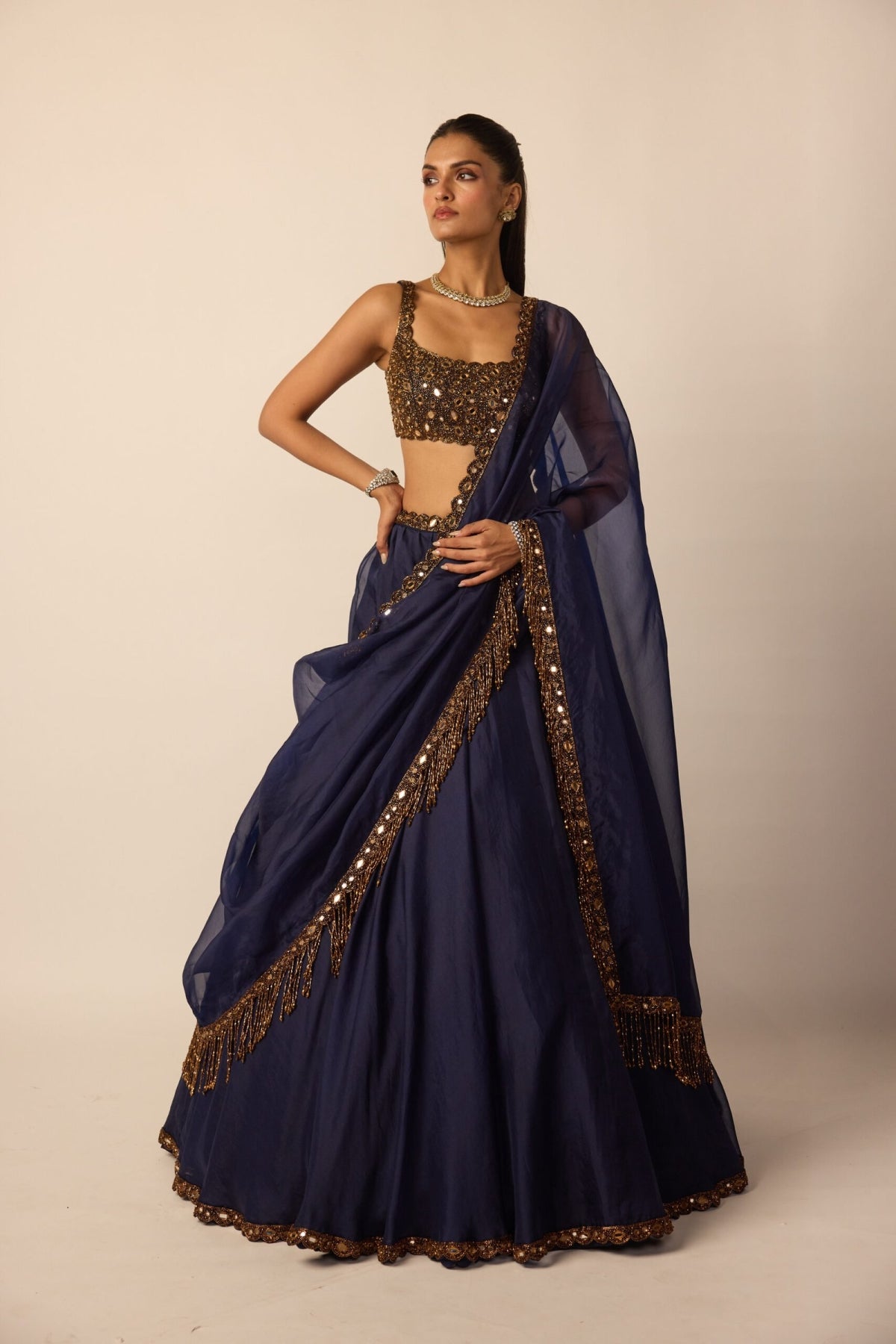 Deep Blue Tassel Dupatta Lehenga Set - Vvani
